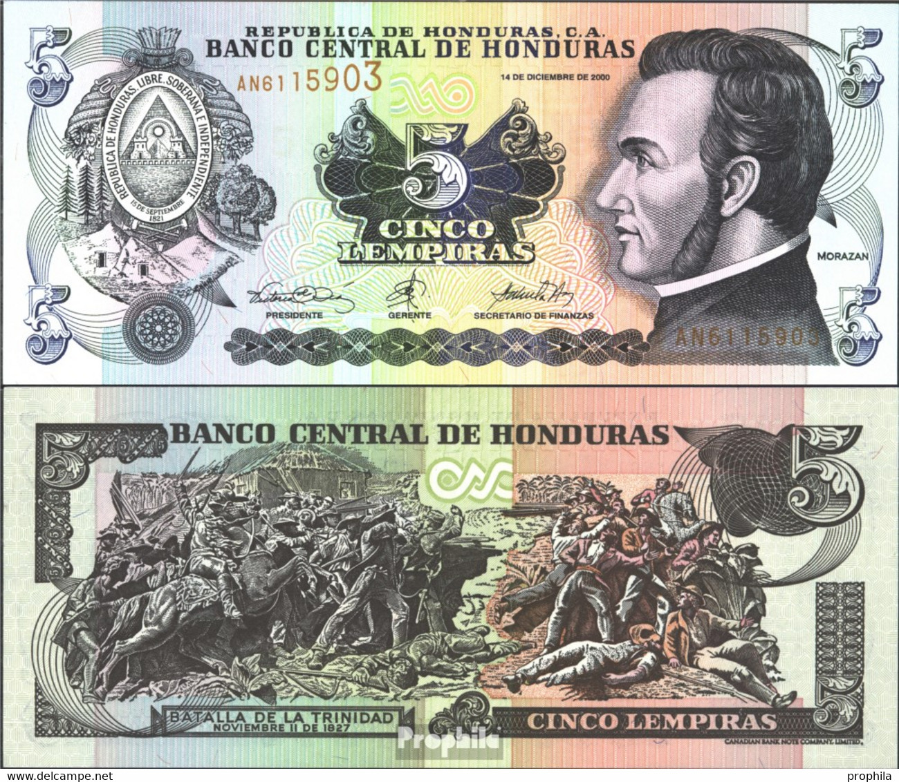 Honduras Pick-Nr: 85a Bankfrisch 2000 5 Lempiras - Honduras