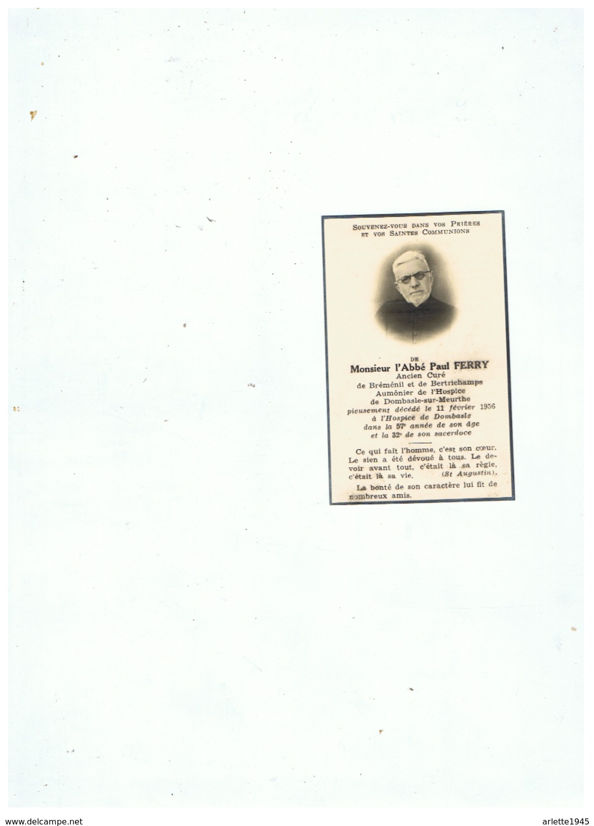 SOUVENIR  Mr L'ABBE PAUL  FERRY  CURE DE BREMENIL ET BERTRICHAMPS ET DOMBASLE SUR MEURTHE Décédé En 1956 - Images Religieuses