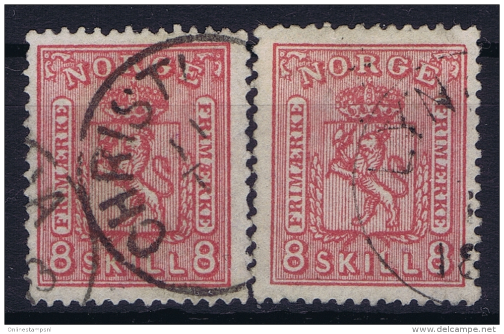 Norway:  Mi  15 A + B Rosakarmin + Rosa  Obl./Gestempelt/used  1867 - Gebruikt