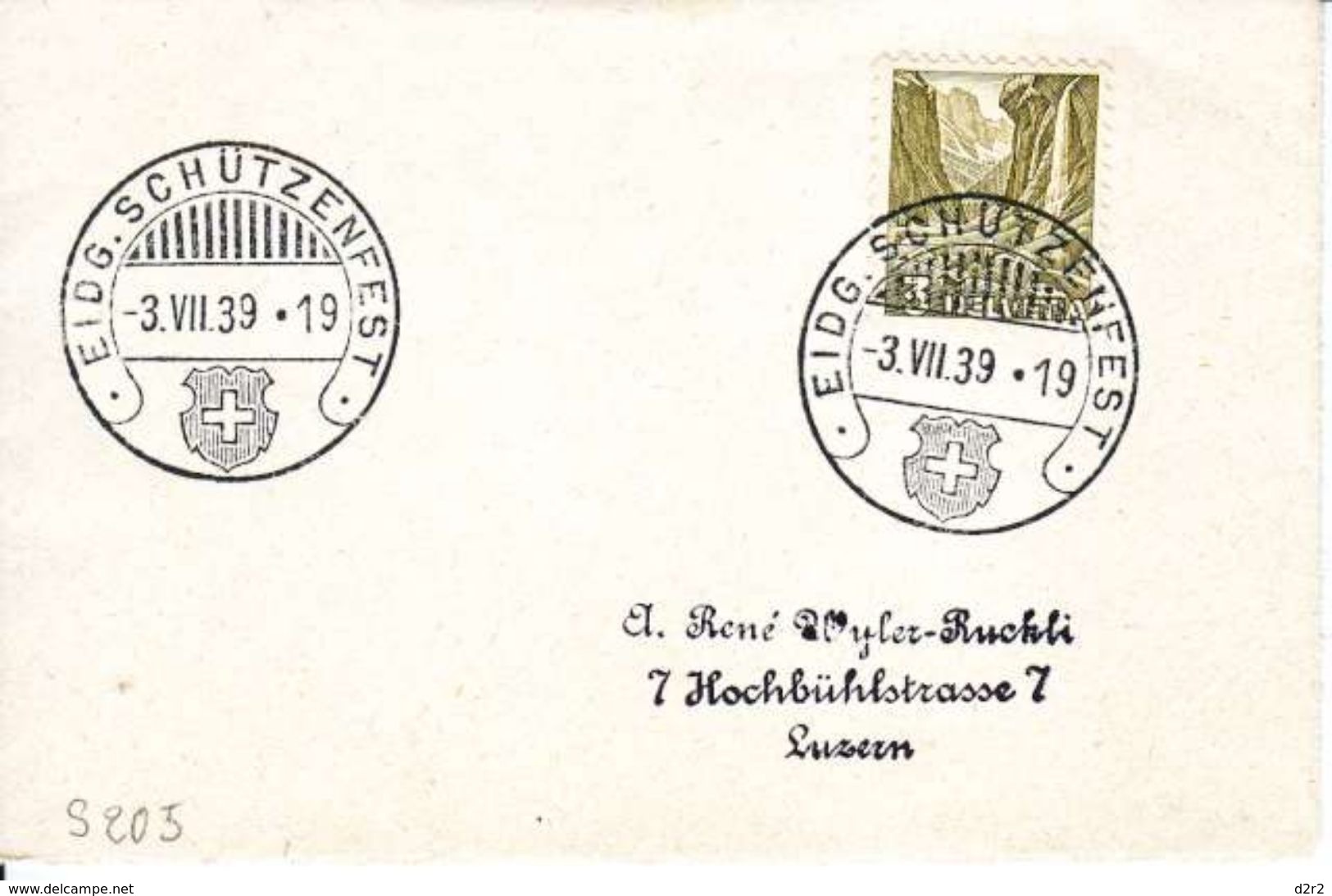 201 SUR FRAGMENT AVEC SUPERBE CACHET " EIDG.SCHÜTZENFEST -3.07.39 - NUM S205 - V/IMAGE - Marcophilie