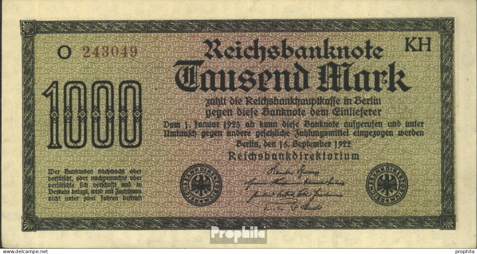 Deutsches Reich RosbgNr: 75i, Wasserzeichen Mäander, 6stellige Braune KN Bankfrisch 1922 1.000 Mark - 1000 Mark