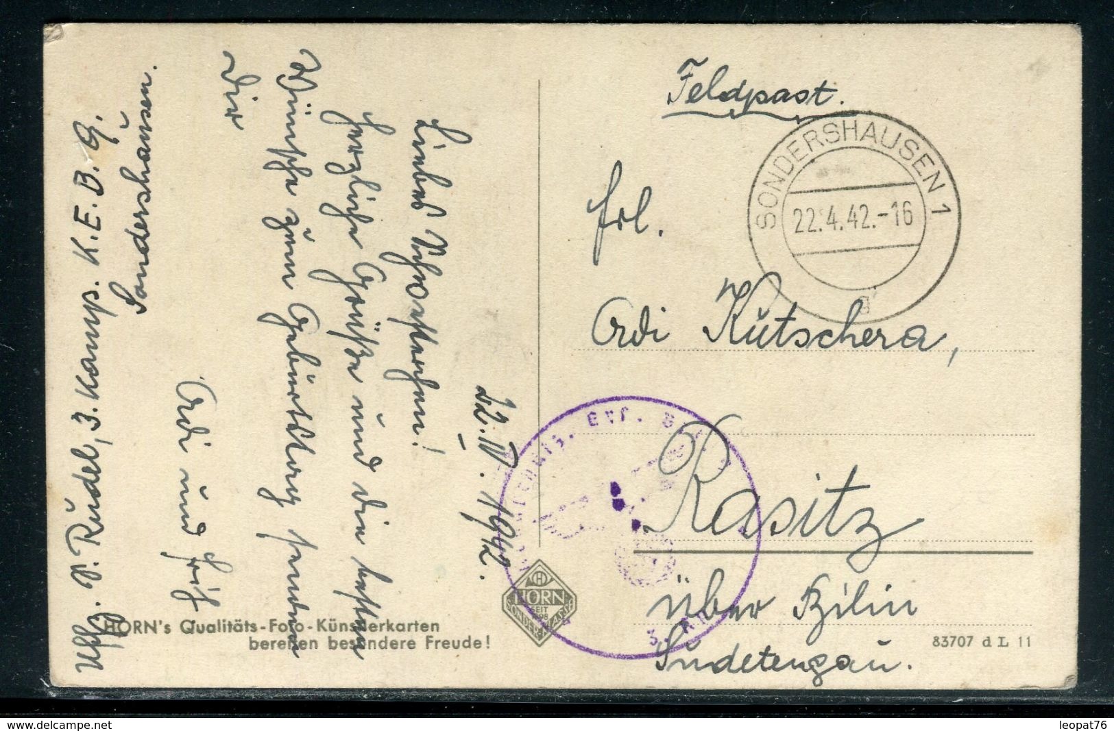 Allemagne - Carte Postale En Feldpost De Sondershausen Pour Rasitz En 1942- Ref D64 - Briefe U. Dokumente