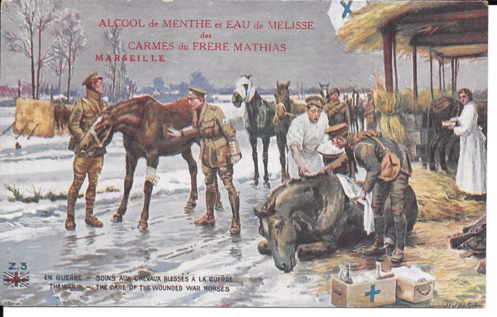 MILITARIA (14-18) + PUBLICITé TRES BELLE CPA "SOINS DE CHEVAUX BLESSéS A LA GUERRE" SUPERBE - Weltkrieg 1914-18