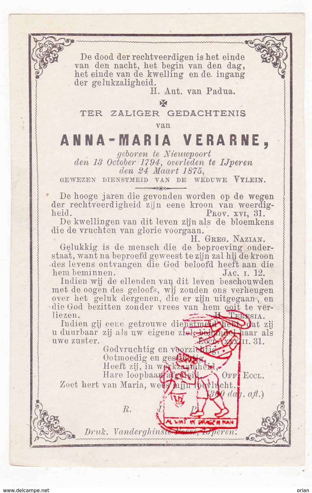 DP Dienstmeid Anna Maria Verarne ° Nieuwpoort 1794 † Ieper 1875 / Fam. Vylein - Images Religieuses