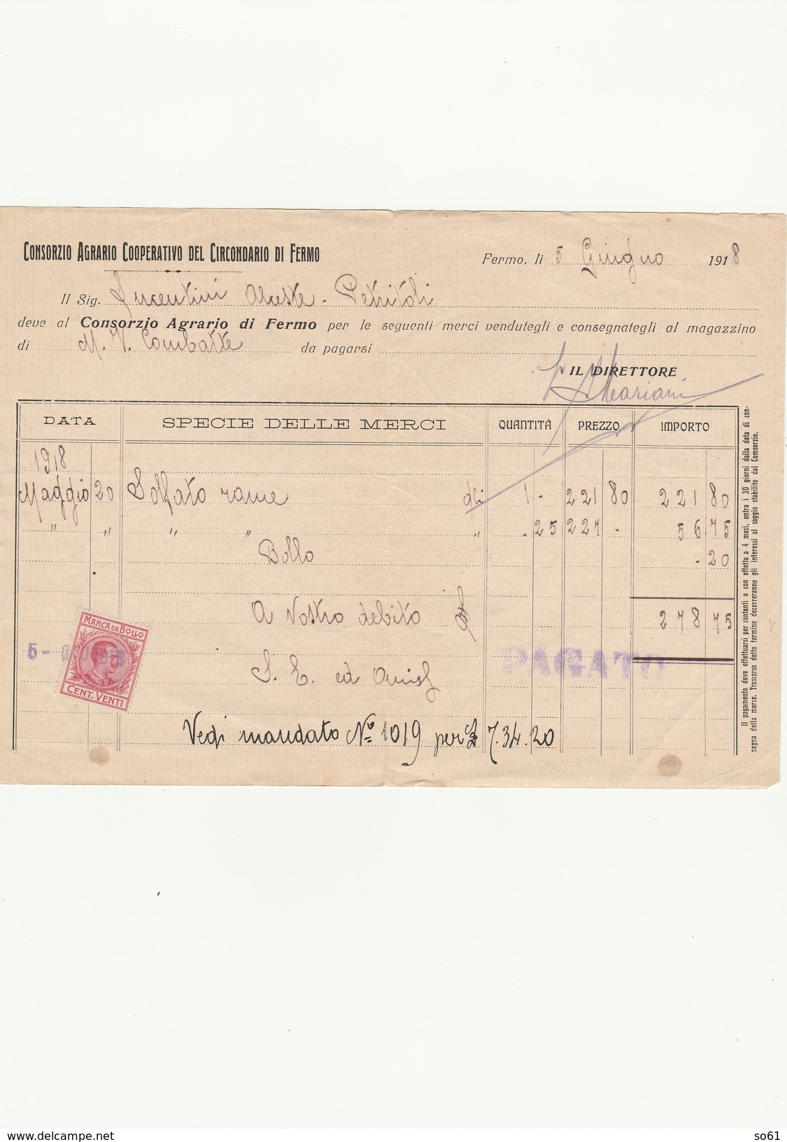 7435.   Consorzio Agrario Cooperativo Del Circondario Di Fermo - Monte Vidon Combatte Quietanza 1918 - Italia