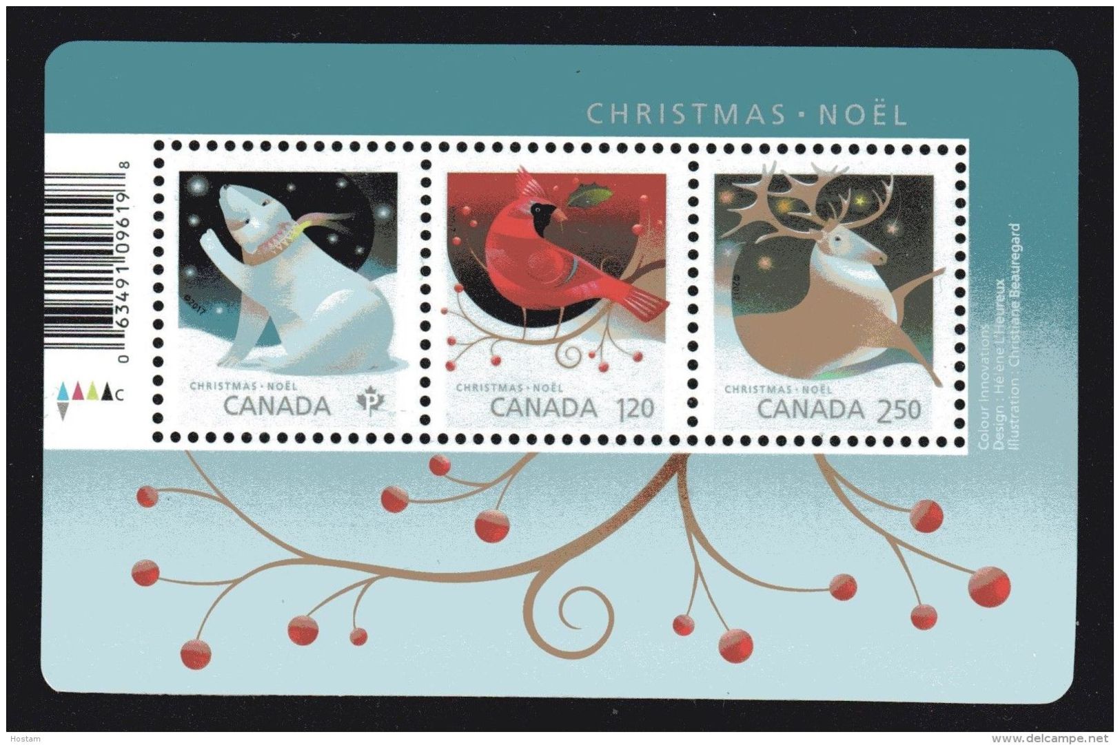 2017 CANADA, CHRISTMAS ,  POLAR BEAR, CARDINALS, CARIBOU SS Of  The Three Rates  NEW - Blocs-feuillets