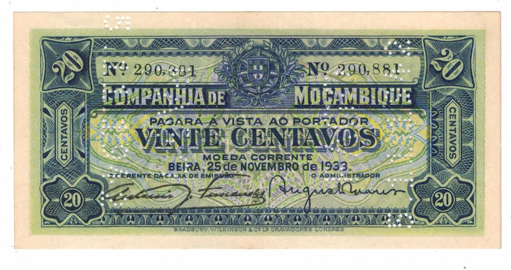 Mozambique 20 Centavos, 1933, UNC. - Mozambique