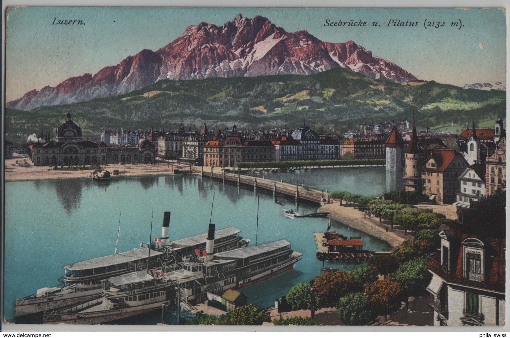 Luzern - Seebrücke Und Pilatus - Animee Dampfschiffe - Photo: E. Goetz - Lucerne