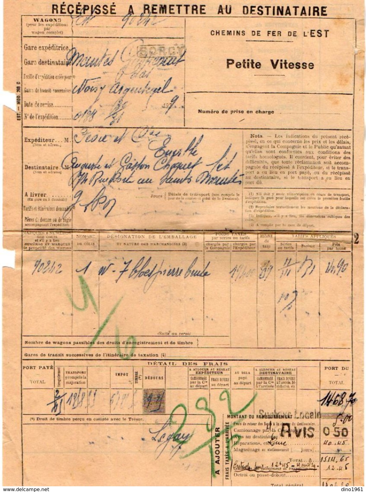 VP11.735 - Chemins De Fer De L'Est - Récépissé - Gare De SORCY Pour MANTES - GASSICOURT X NOISY - ARGENTEUIL - Altri & Non Classificati