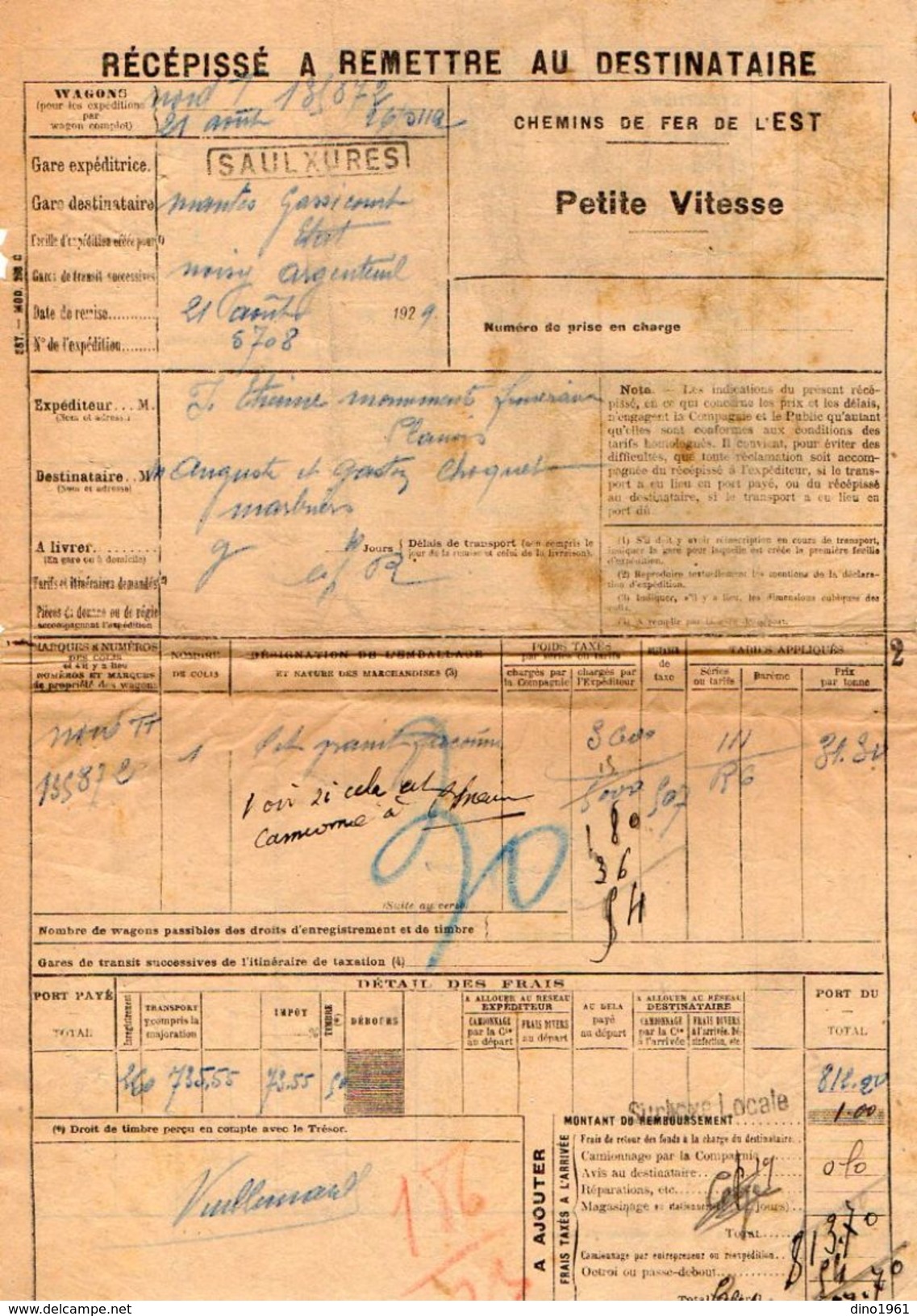 VP11.736 - Chemins De Fer De L'Est - Récépissé - Gare De SAULXURES Pour MANTES - GASSICOURT X NOISY - ARGENTEUIL - Andere & Zonder Classificatie