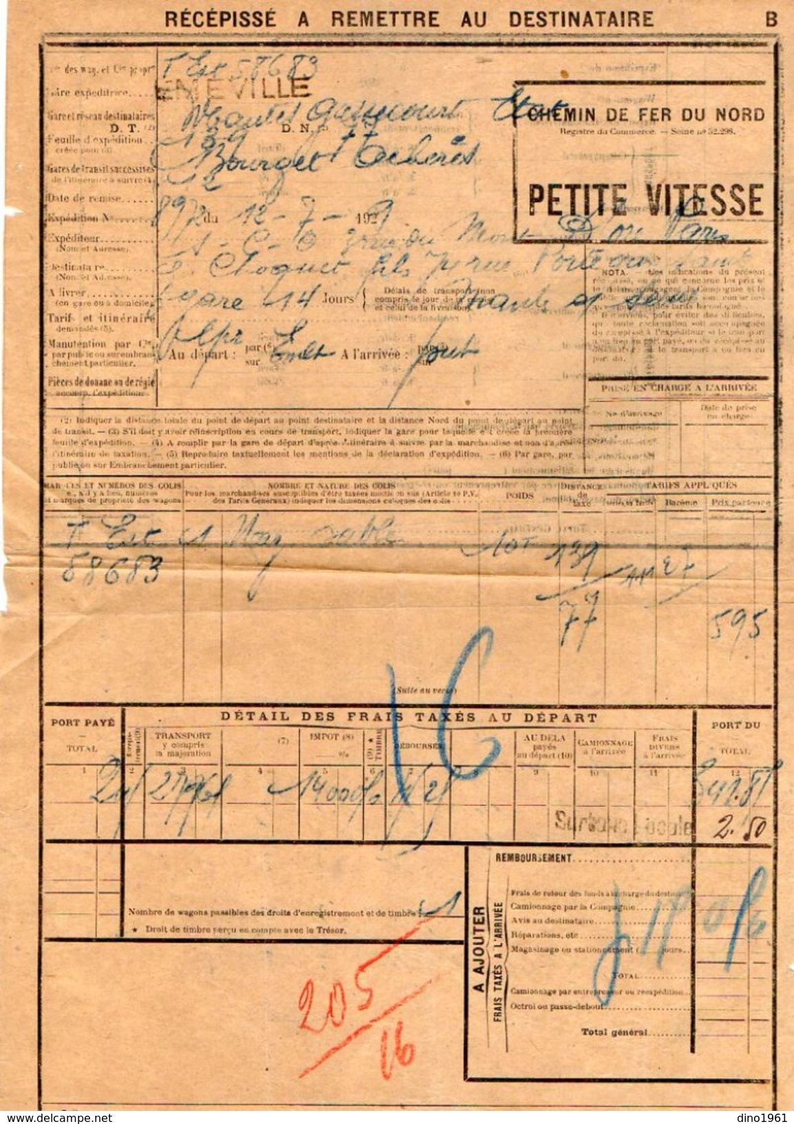 VP11.737 - Chemin De Fer Du Nord- Récépissé - Gare De EMEVILLE Pour MANTES - GASSICOURT - Other & Unclassified