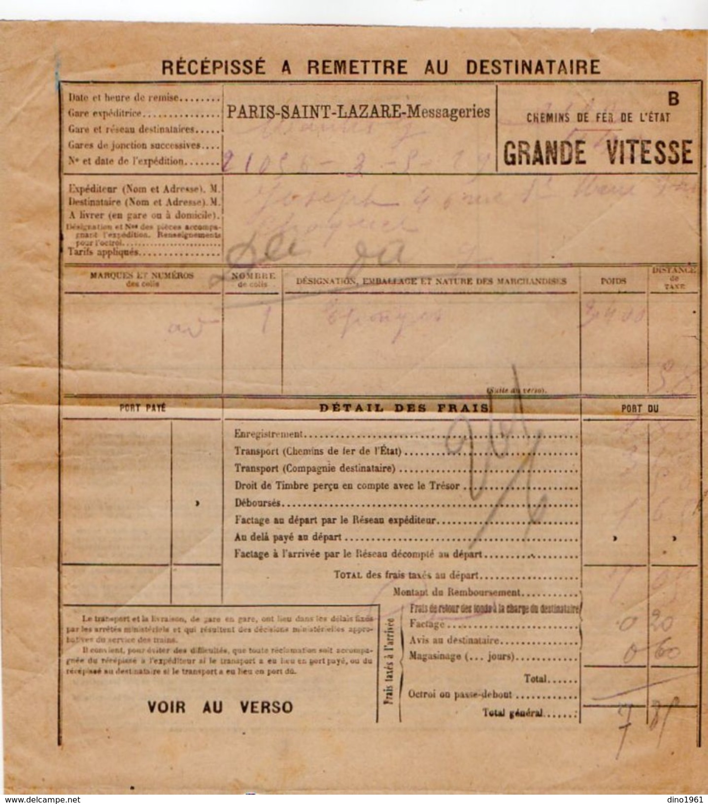 VP11.738 - Chemins De Fer De L'Etat- Récépissé - Gare De PARIS - SAINT - LAZARE - Other & Unclassified