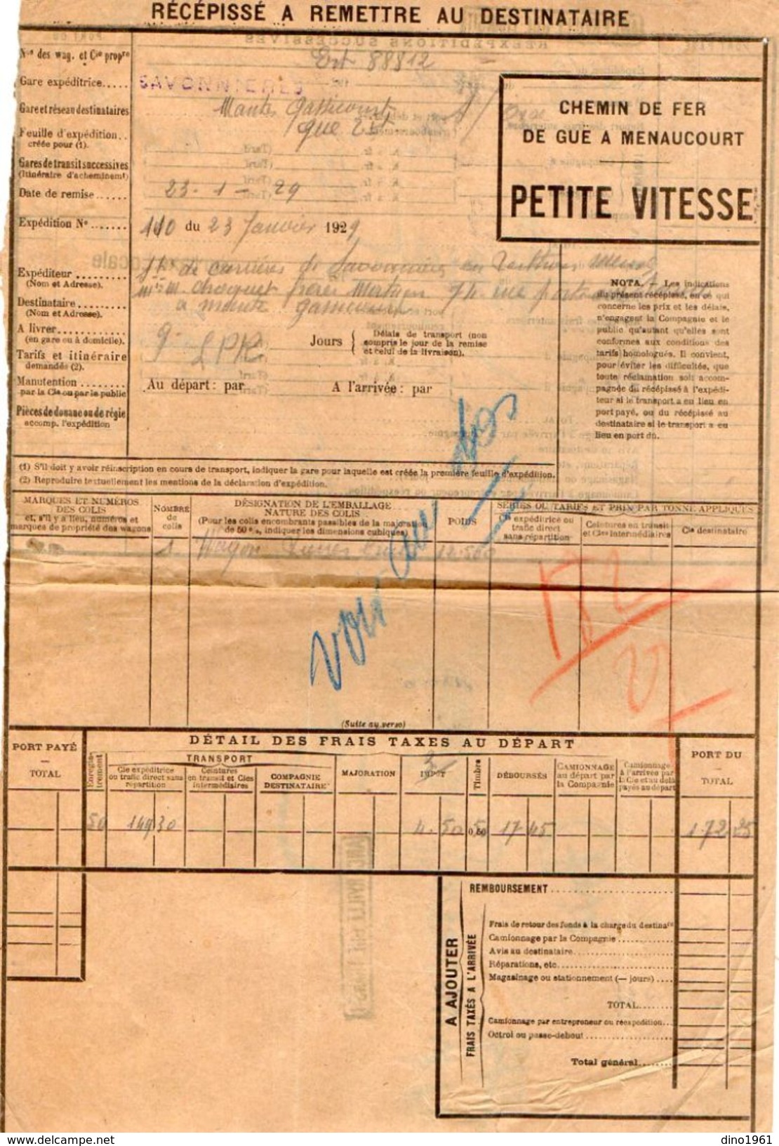 VP11.739 - Chemin De Fer De GUE A MENAUCOURT- Récépissé - Gare De SAVONNIERES Pour MANTES - GASSICOURT - Autres & Non Classés