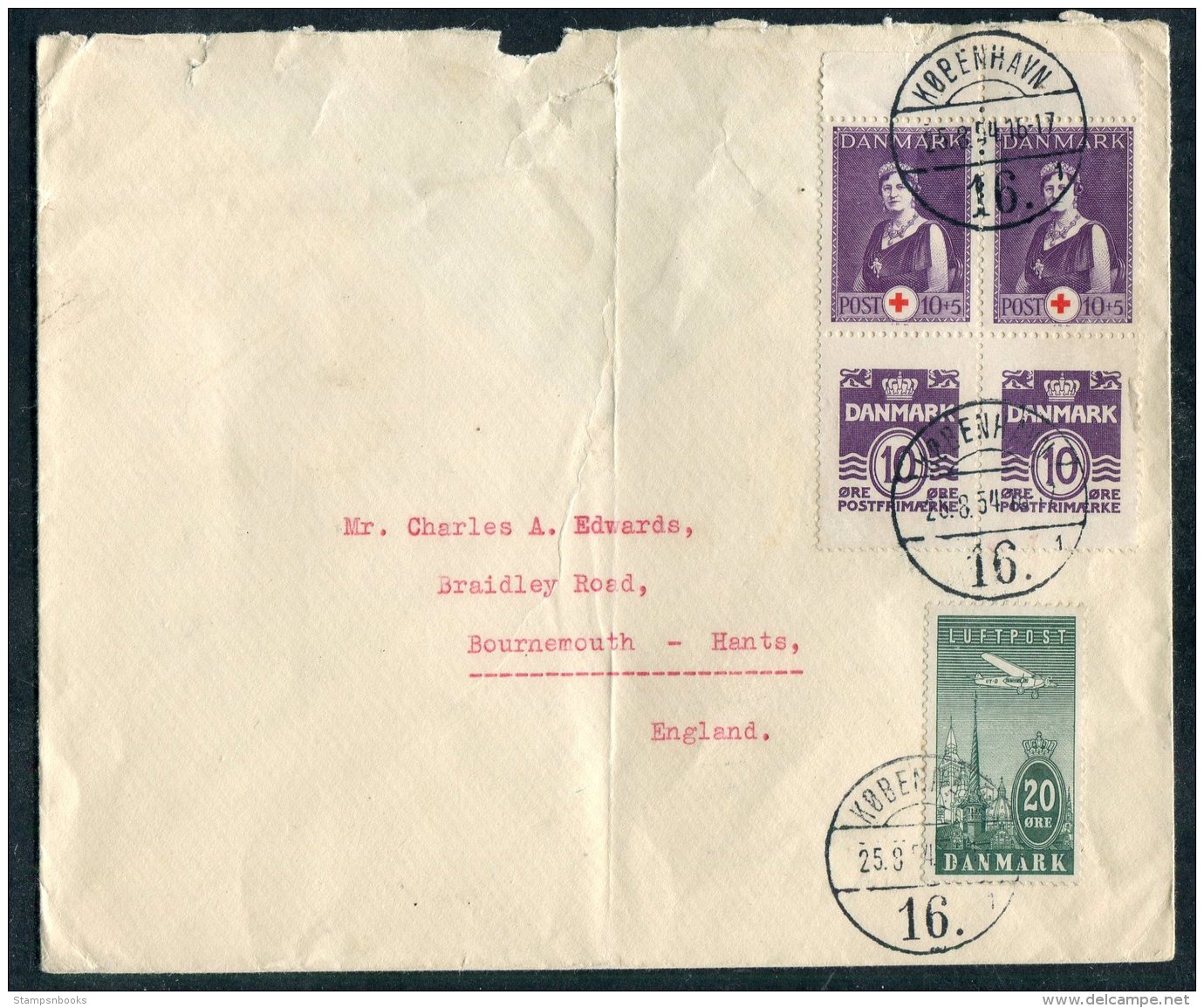 Denmark Copenhagen Red Cross Booklet Pane, Airmail Cover - Bournemouth, England - Covers & Documents