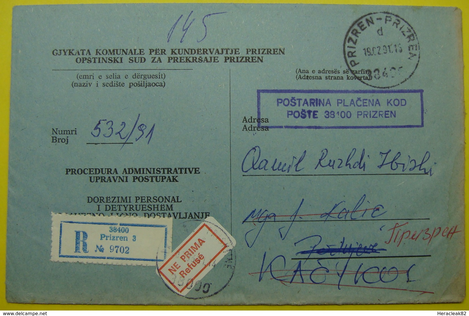 1991 RECOMMANDED JUDICAL LETTER PORT PAYE *PRIZREN To PRISTINA* EX YUGOSLAVIA. REFUSE - NE PRIMA - Kosovo