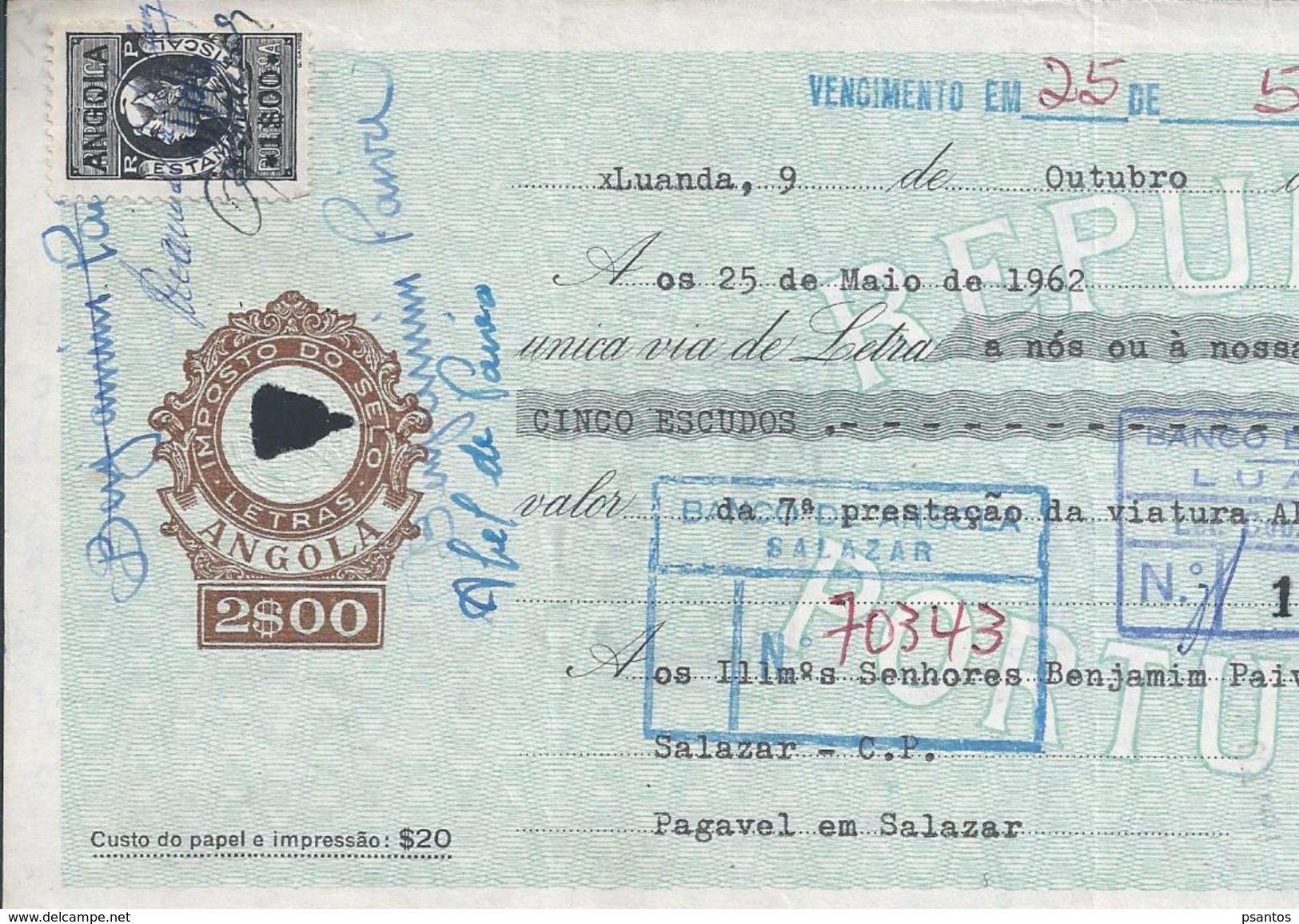 Letter From Bank Of Angola, In Salazar, With Additional Stamp Tax,1961.Letra Banco De Angola,em Salazar, IS Adicional. - Letras De Cambio