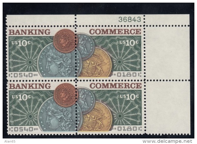 Sc#1577-1578 10-cent Banking And Commerce 1975 Issue Plate # Block Of 4 Stamps, Coins On Stamp - Numéros De Planches