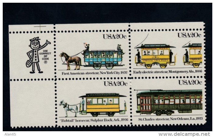 Sc#2059-2062 20-cent Street Car 1983 Issue ZIPCode Block Of 4 Stamps, Transportation Theme - Blocks & Sheetlets