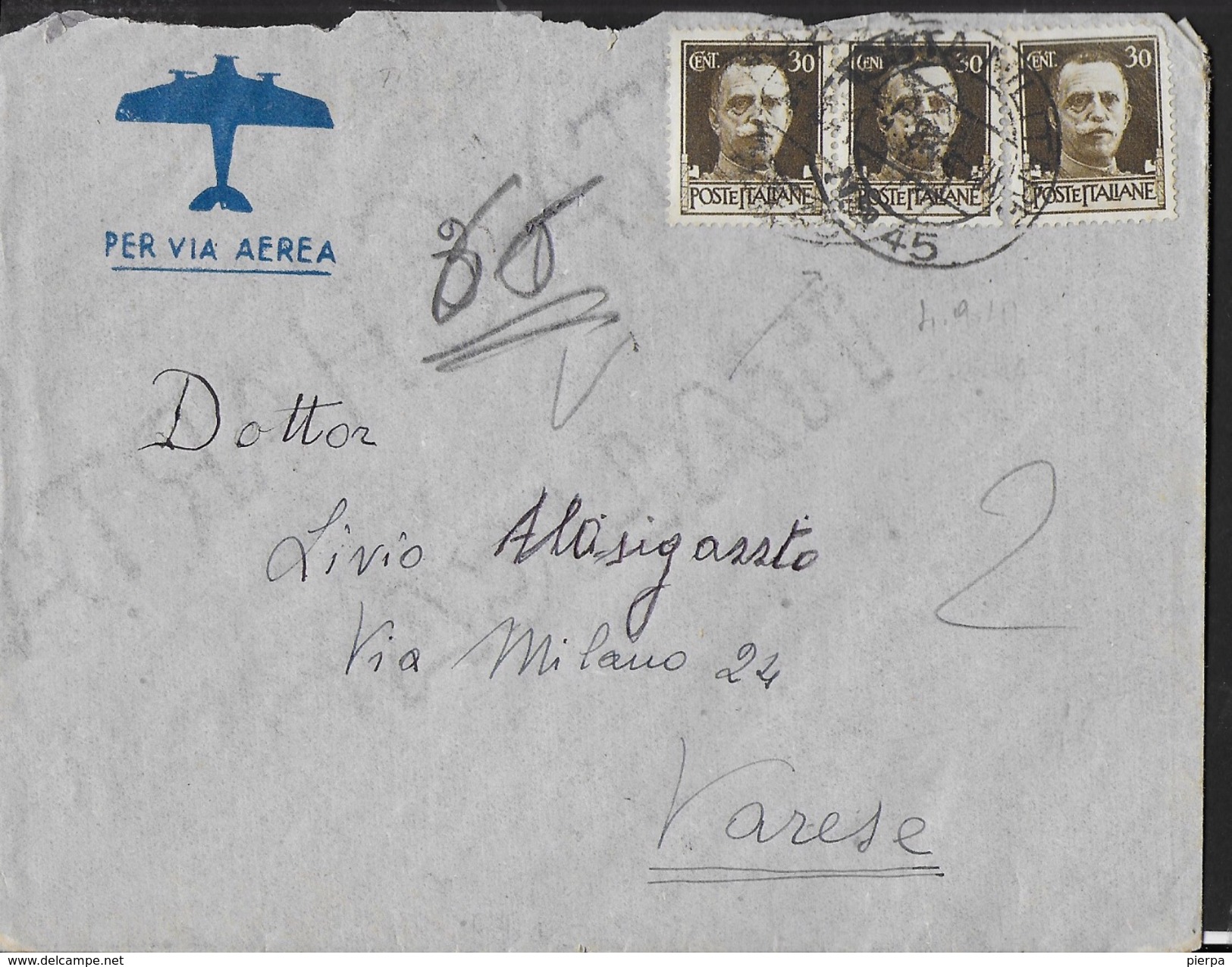 POSTA MILITARE - BUSTA VIA AEREA DA PM 45 (MISSOLUNGI-GRECIA) ??.??.1941 (p.1) PER VARESE - Militärpost (MP)