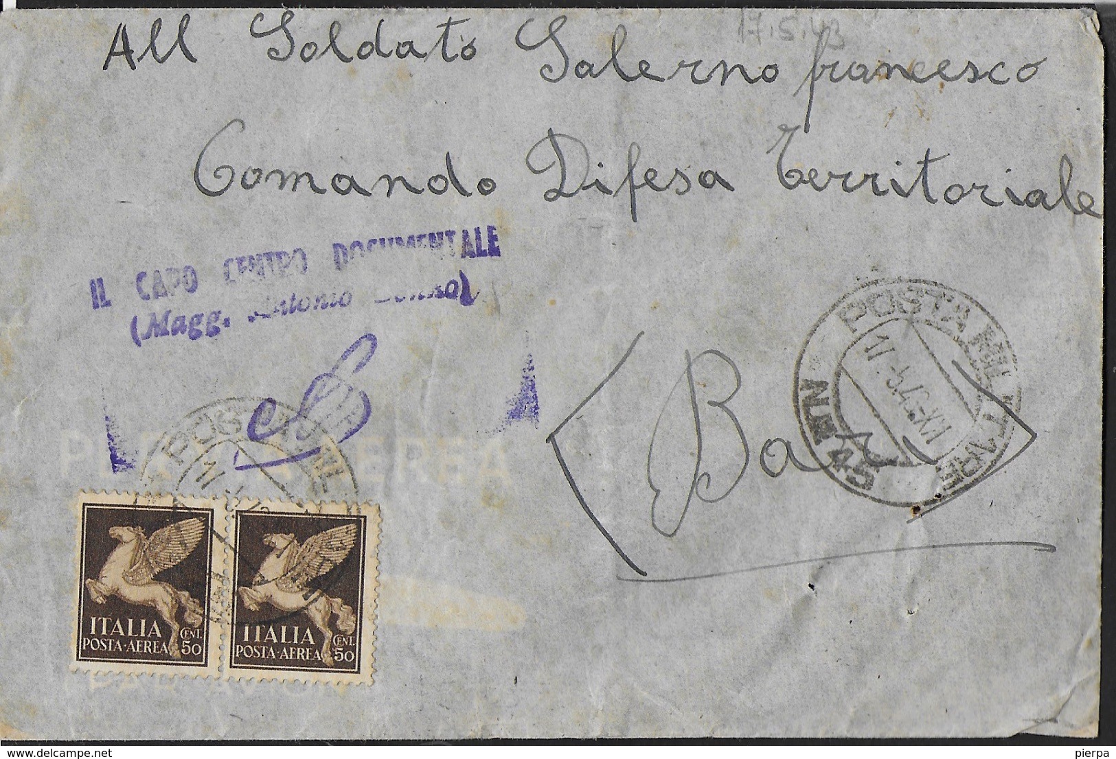 POSTA MILITARE - BUSTA VIA AEREA DA PM 45 (MISSOLUNGI-GRECIA) 17.05.1943 (p.1) PER BARI - Militärpost (MP)