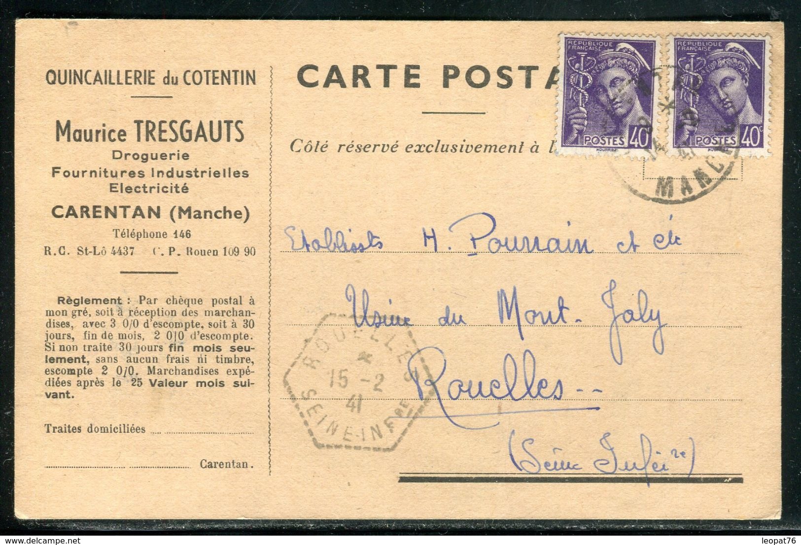 France - Carte Commerciale De Carentan Pour Rouelles En 1941  - Ref D101 - 1921-1960: Periodo Moderno