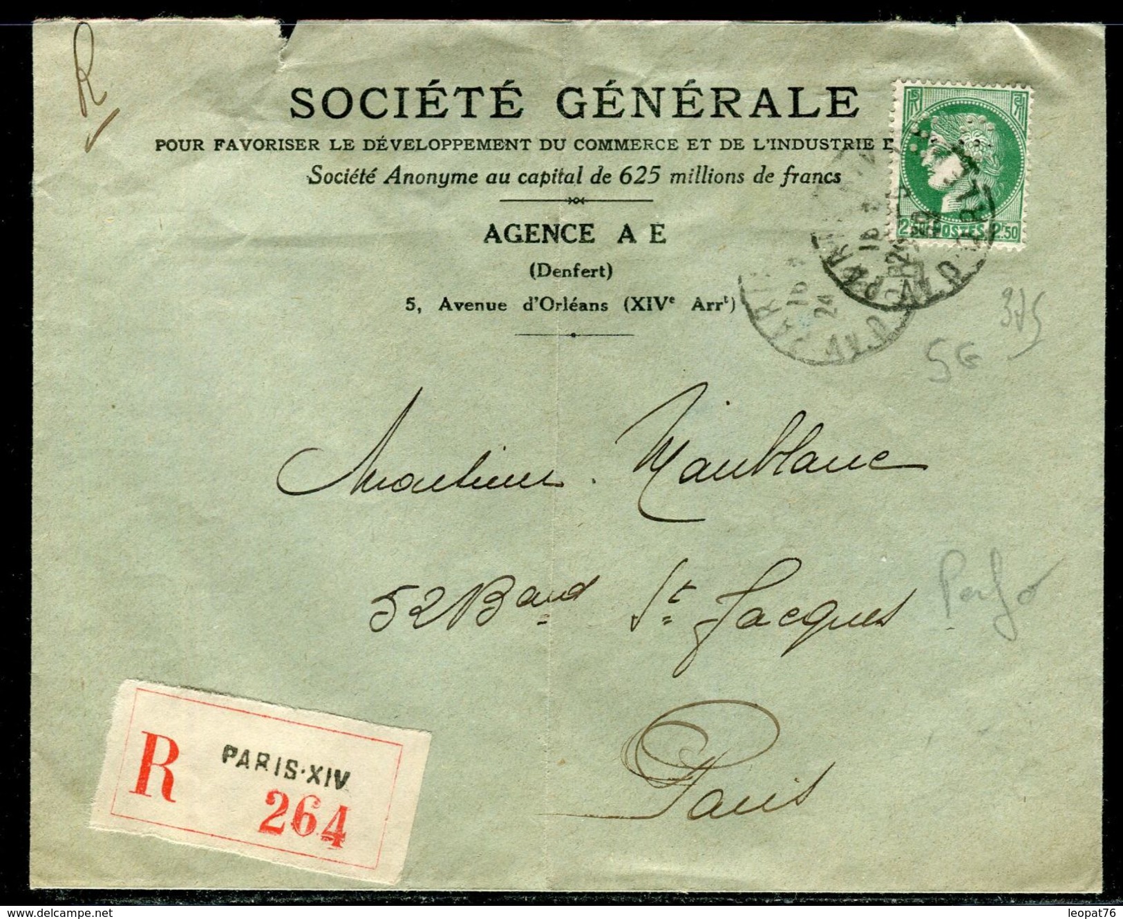 France - Type Cérès Perforé SG Sur Enveloppe Commerciale En Recommandé De Paris En 1939 - Ref D109 - Sonstige & Ohne Zuordnung