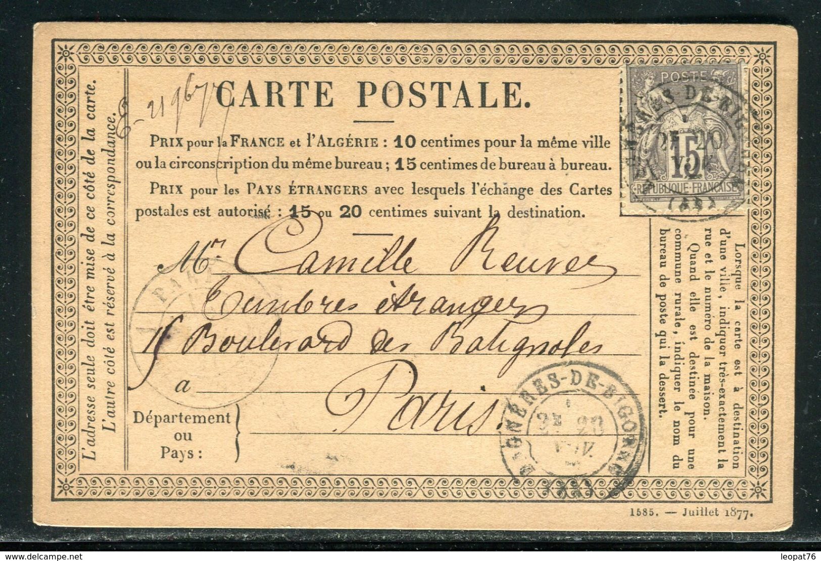 France - Carte Précurseur De Bagnères De Bigorre Pour Paris En 1877 - Ref D137 - Tarjetas Precursoras