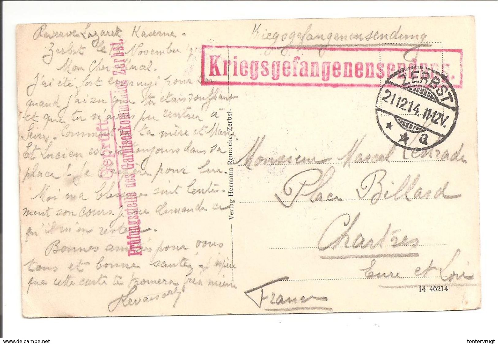 Zerbst>France 1914. BRIEFSTEMPEL. ZENSUR STEMPEL. KRIEGSGEFANGENENSENDUNG. P.O.W. - WW1