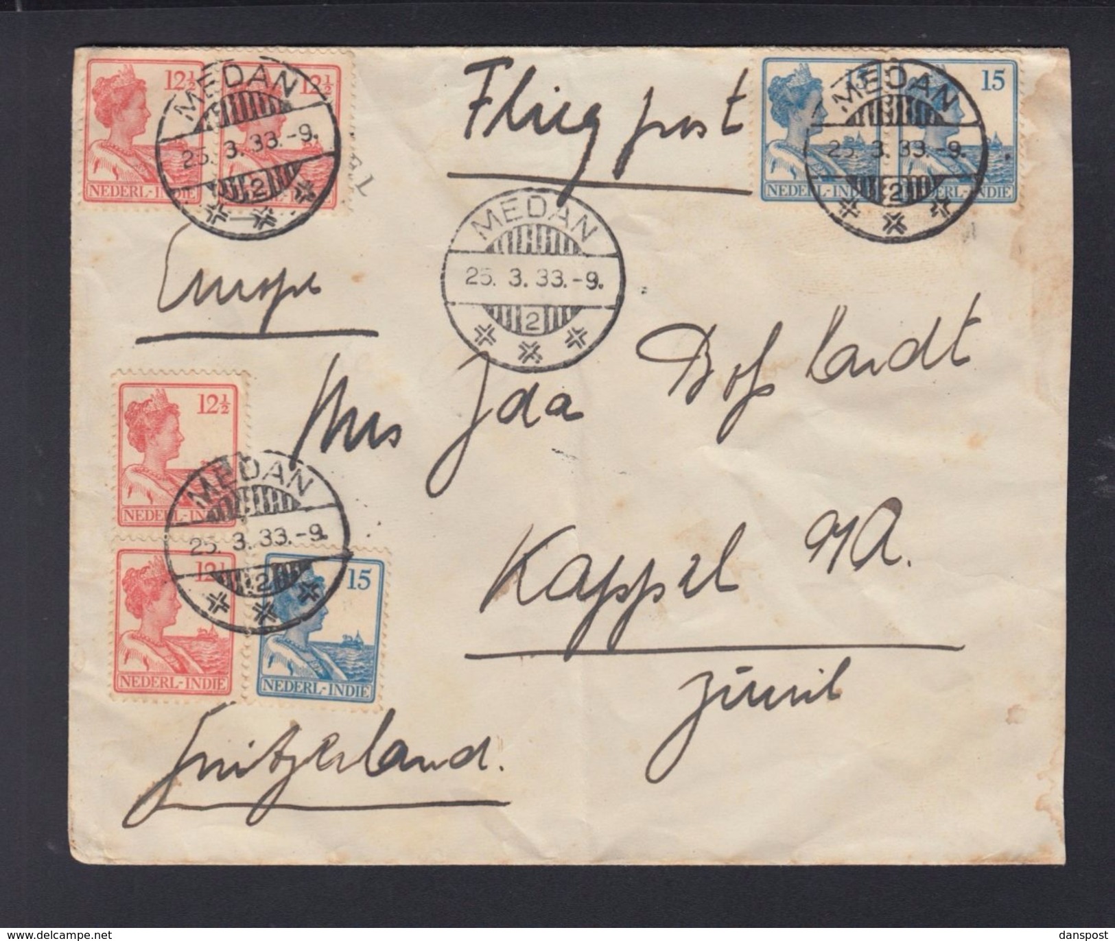 Netherlands India Air Mail Cover 1933 Medan To Switzerland - Indes Néerlandaises