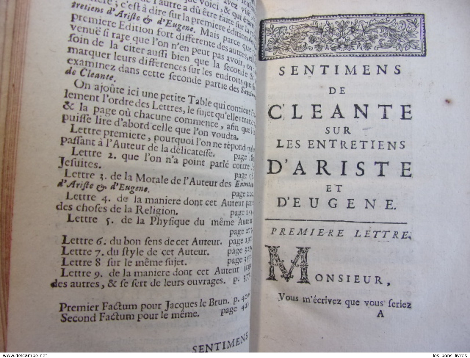 SENTIMENS DE CLEANTE SUR LES ENTRETIENS D'ARISTIDE ET D’EUGÈNE Barbier D'Aucour - Bis 1700