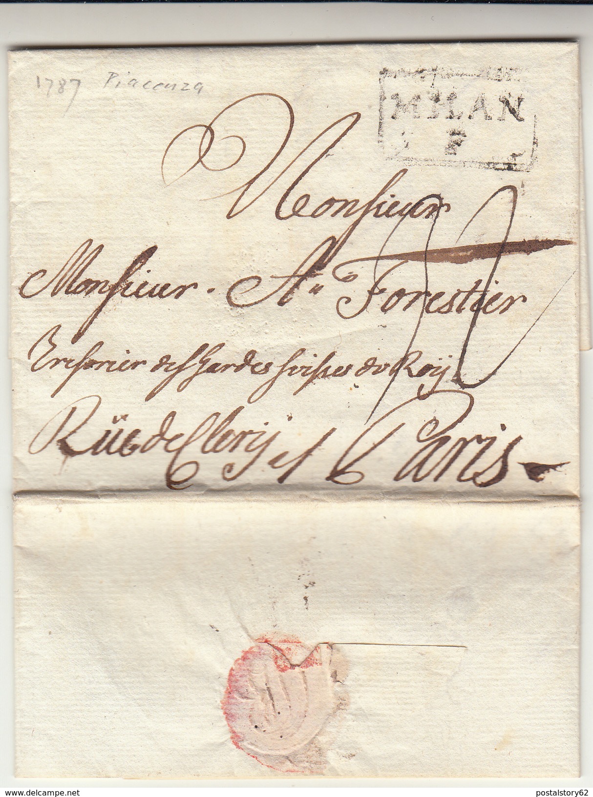 Prefilatelica, Piacenza Per Parigi Via Milano. Lettera Con Contenuto 1787 - 1. ...-1850 Prefilatelia