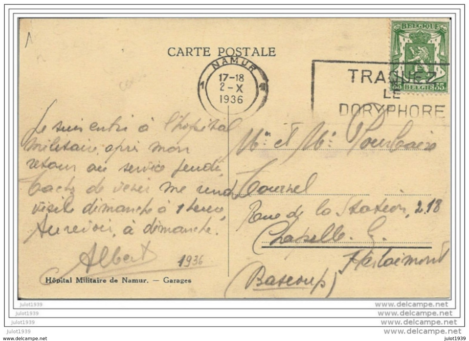 NAMUR ..-- MILITARIA ..-- CROIX ROUGE . Ambulance .1936 Vers CHAPELLE LEZ HERLAIMONT ( Mr Mme POURBAIRE ) . Voir Verso . - Namur