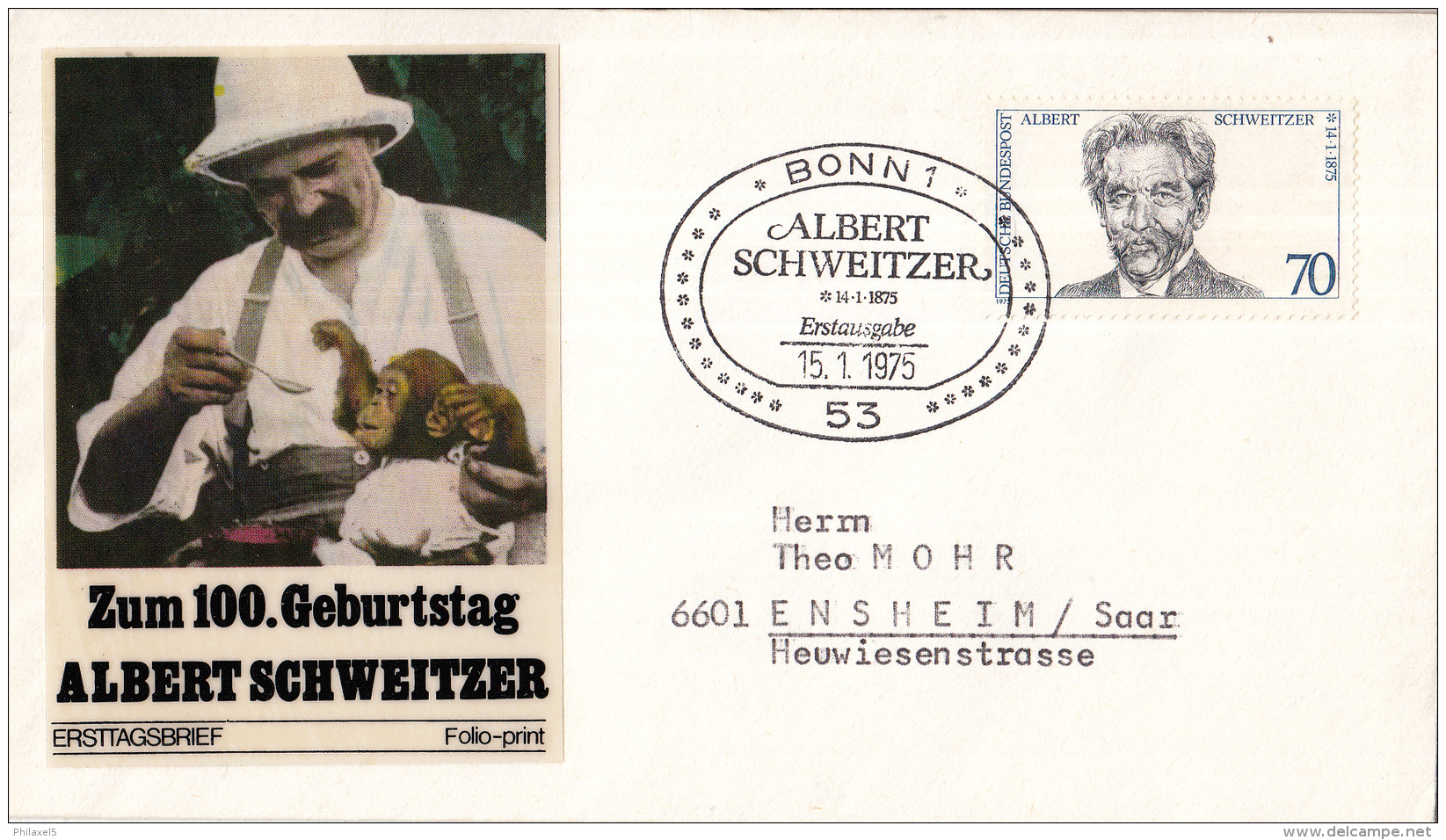 Duitsland - FDC 15-1-1975 - 100. Geburtstag Von Dr. Albert Schweitzer - Michel 830 - Albert Schweitzer