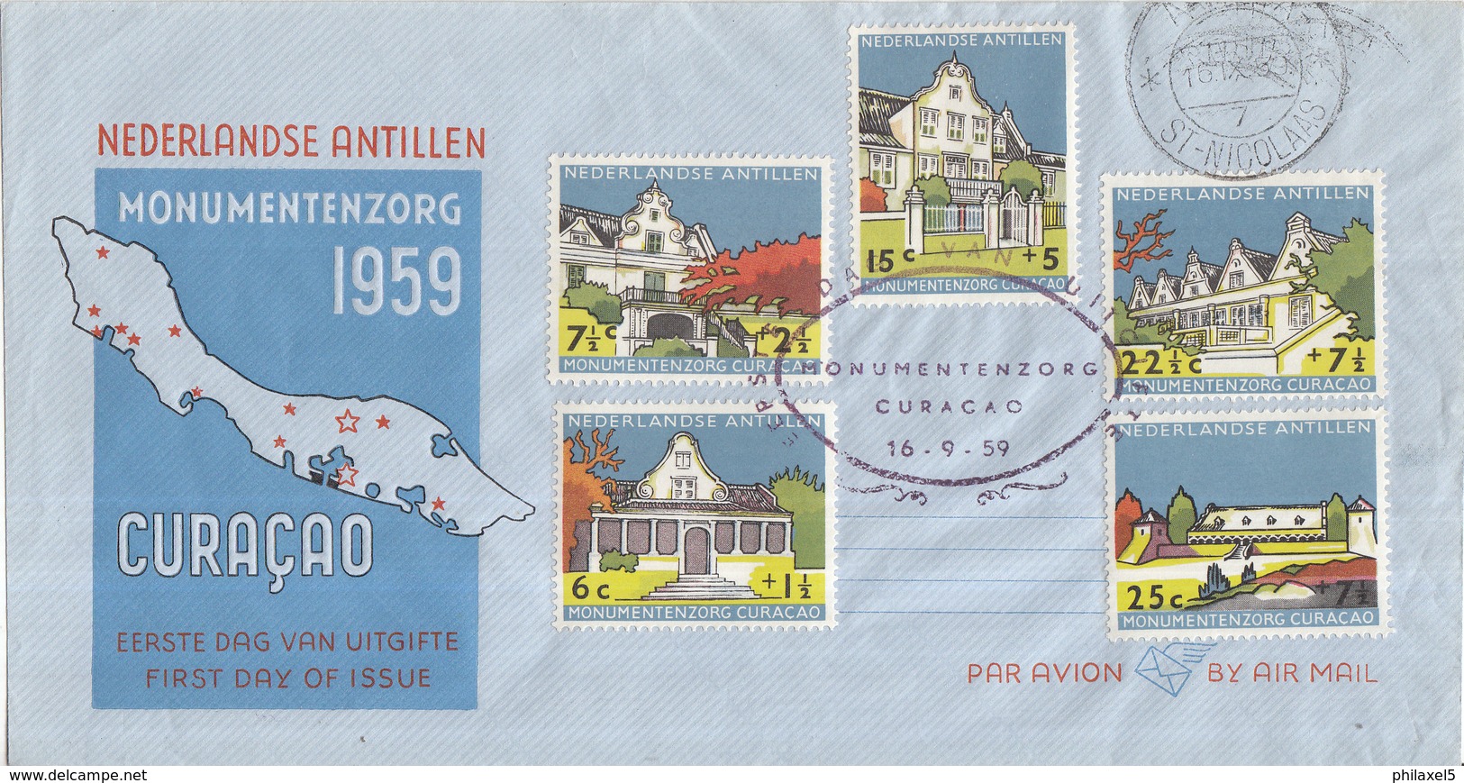 Nederlandse Antillen - FDC E10 - Monumentenzorg - Zonder Adres - NVPH 298 - 302 - Curaçao, Nederlandse Antillen, Aruba