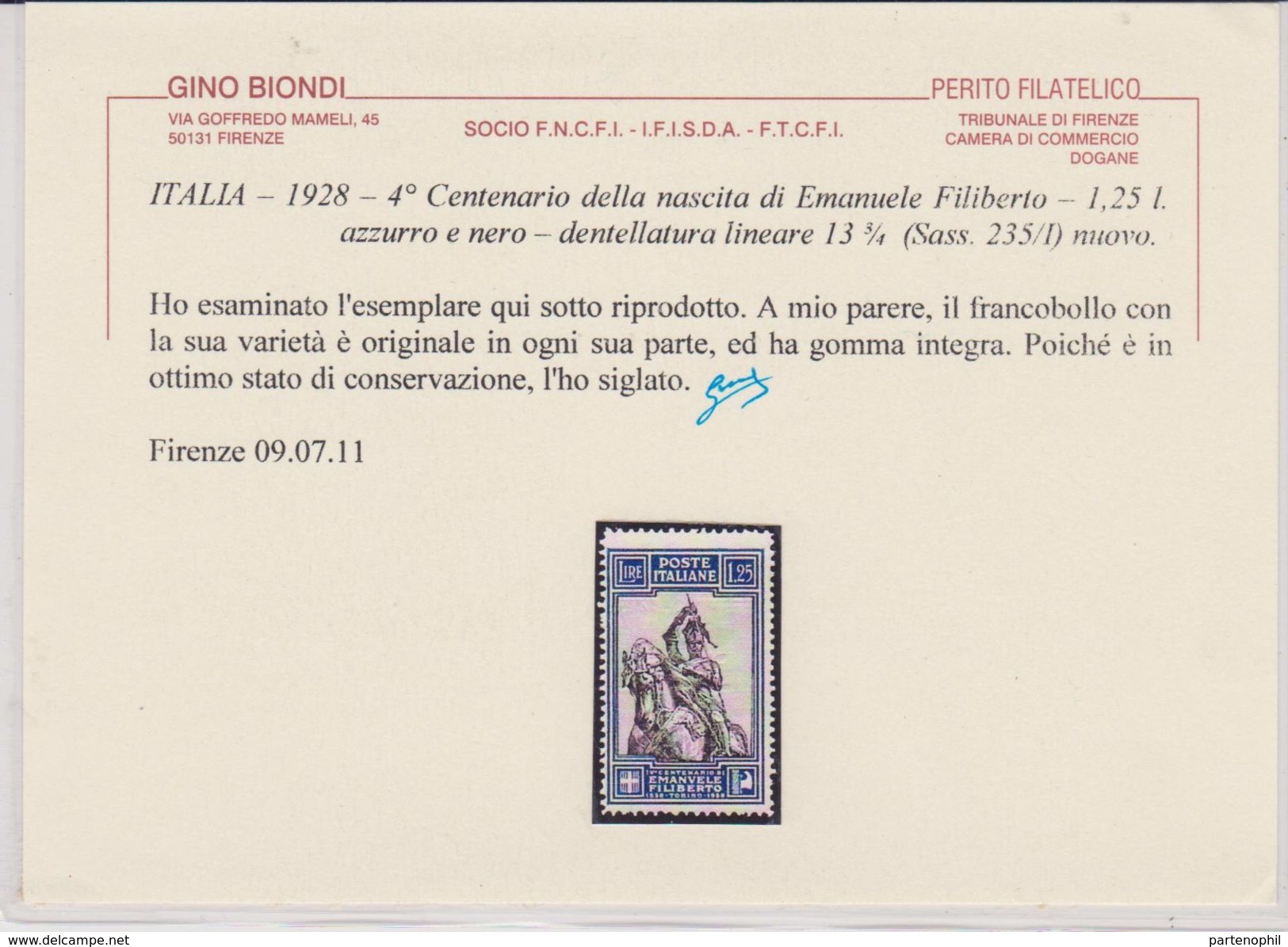 Italia Regno 1928 – Emanuele Filiberto L. 1,25 Den. Lineare 13 ¾ ( N. 235/I ).** Cert. Biondi. Cat. € 2500,00. - Mint/hinged