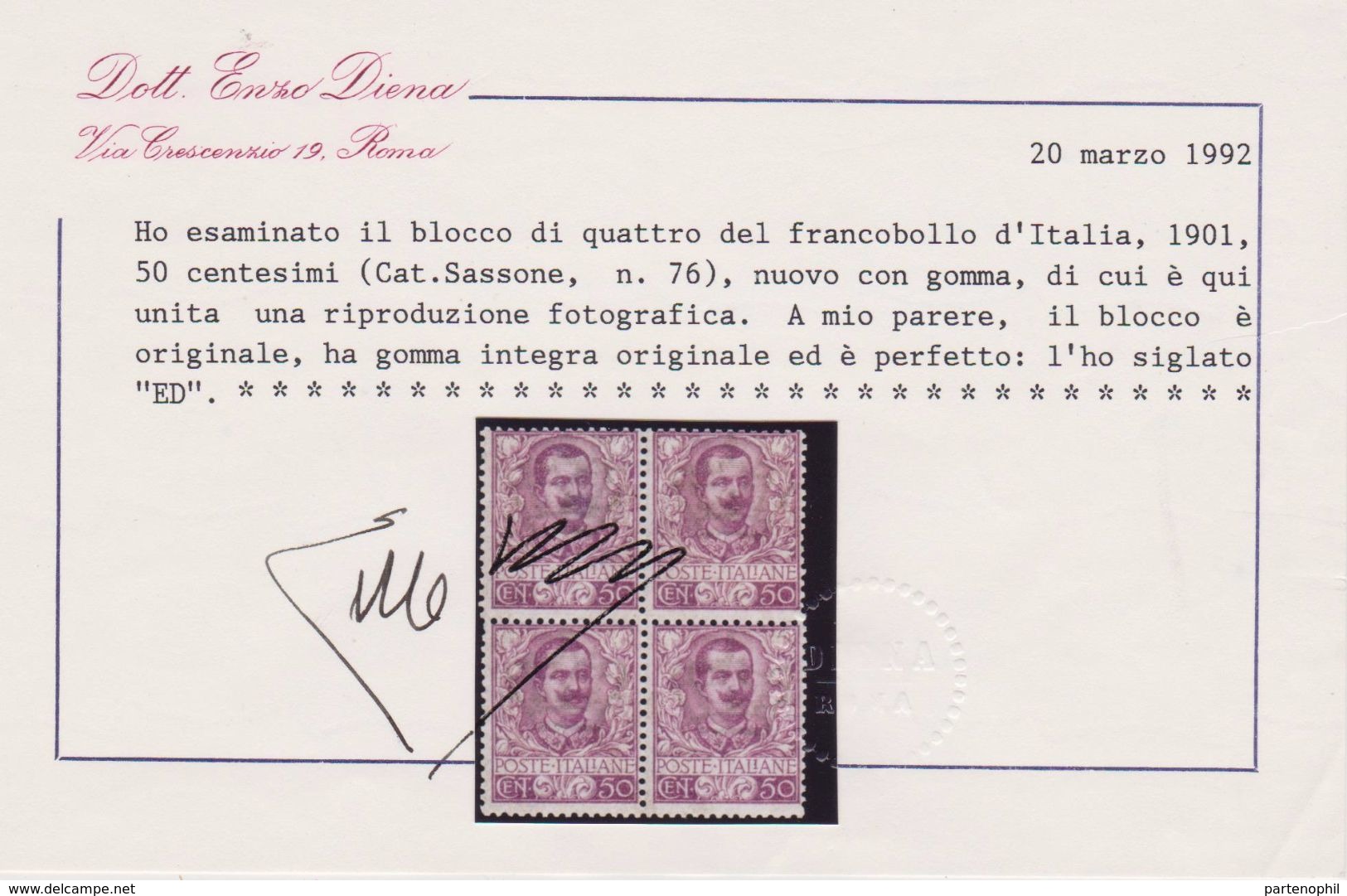 Italia Regno 1901 Floreale 50 C. Malva Blocco Di Quattro Con Gomma Integra. ( N. 76 )**. Cert. E. Diena. Cat. € 13,500. - Nuovi