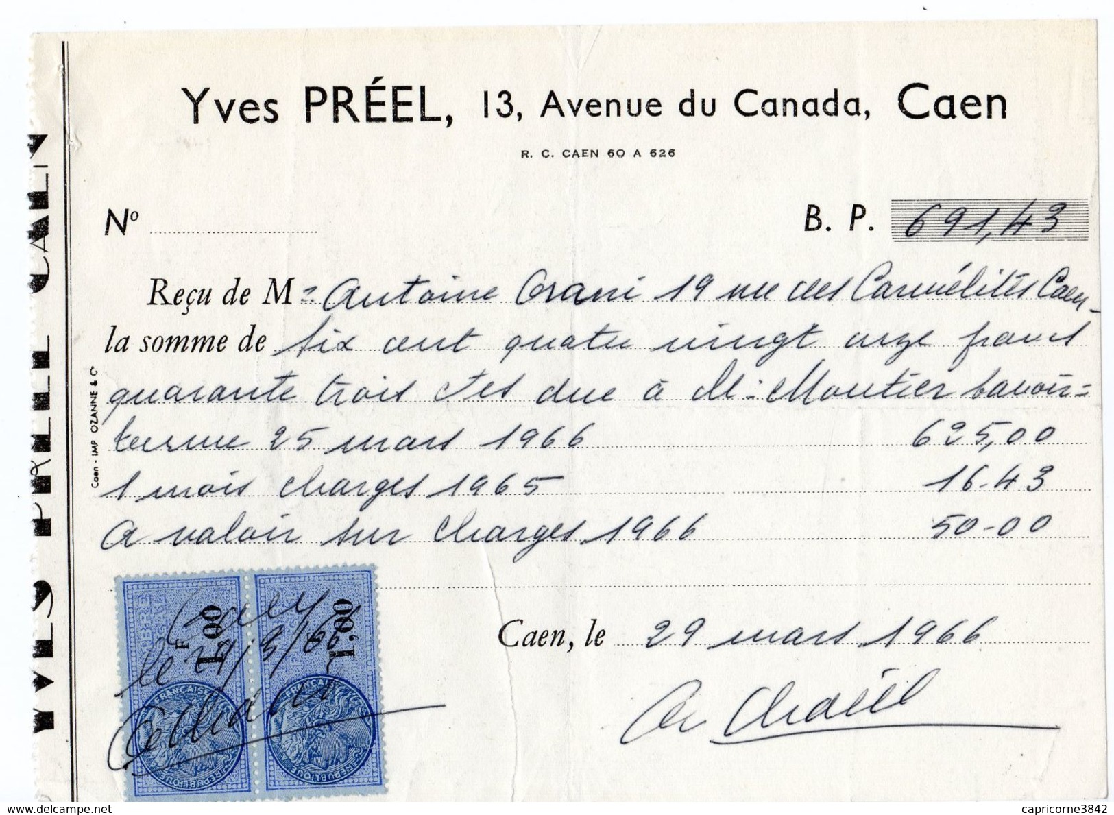 1966 - Reçu De Paiement - Timbre Fiscal "Médaillon De Daucy" 2 X N° 368 (1,00 F) - Other & Unclassified