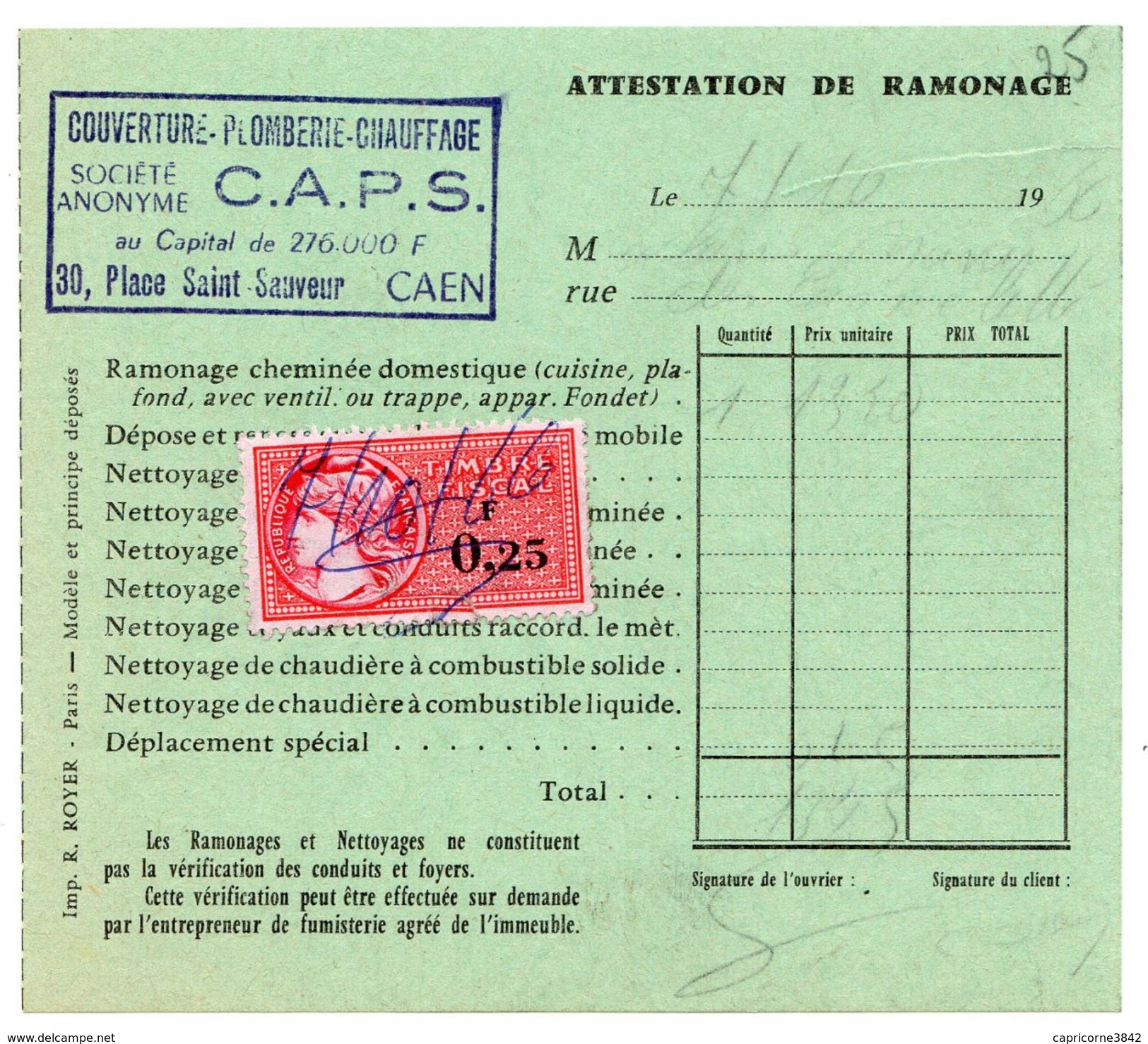 1966 - Reçu De Ramonage - Timbre Fiscal "Médaillon De Daucy" N° 364 (0,25 F) - Andere & Zonder Classificatie