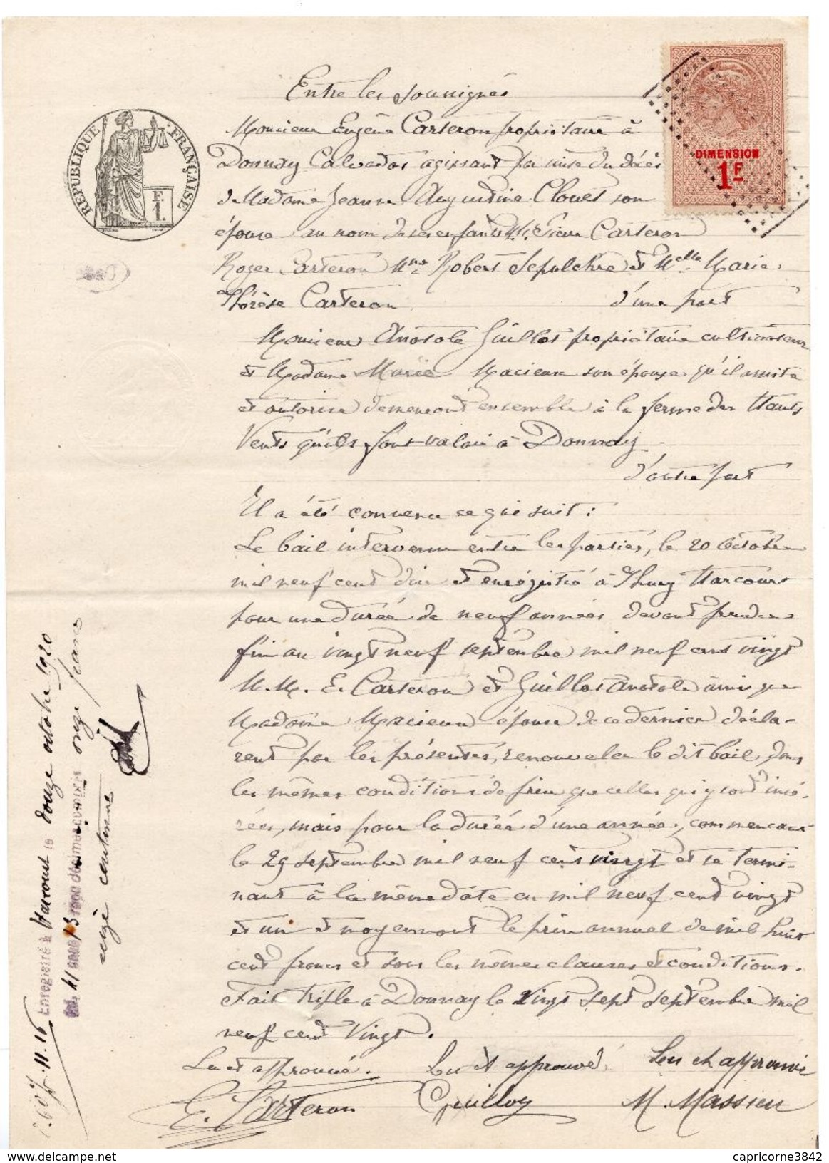 1920 -Acte Notarié-Tp Fiscal De Dimension 1fr Brun (de Tasset)n°67 +Tp Fiscal 1F +Tp à Sec "Enregistr. Timbre Et Domaine - Autres & Non Classés