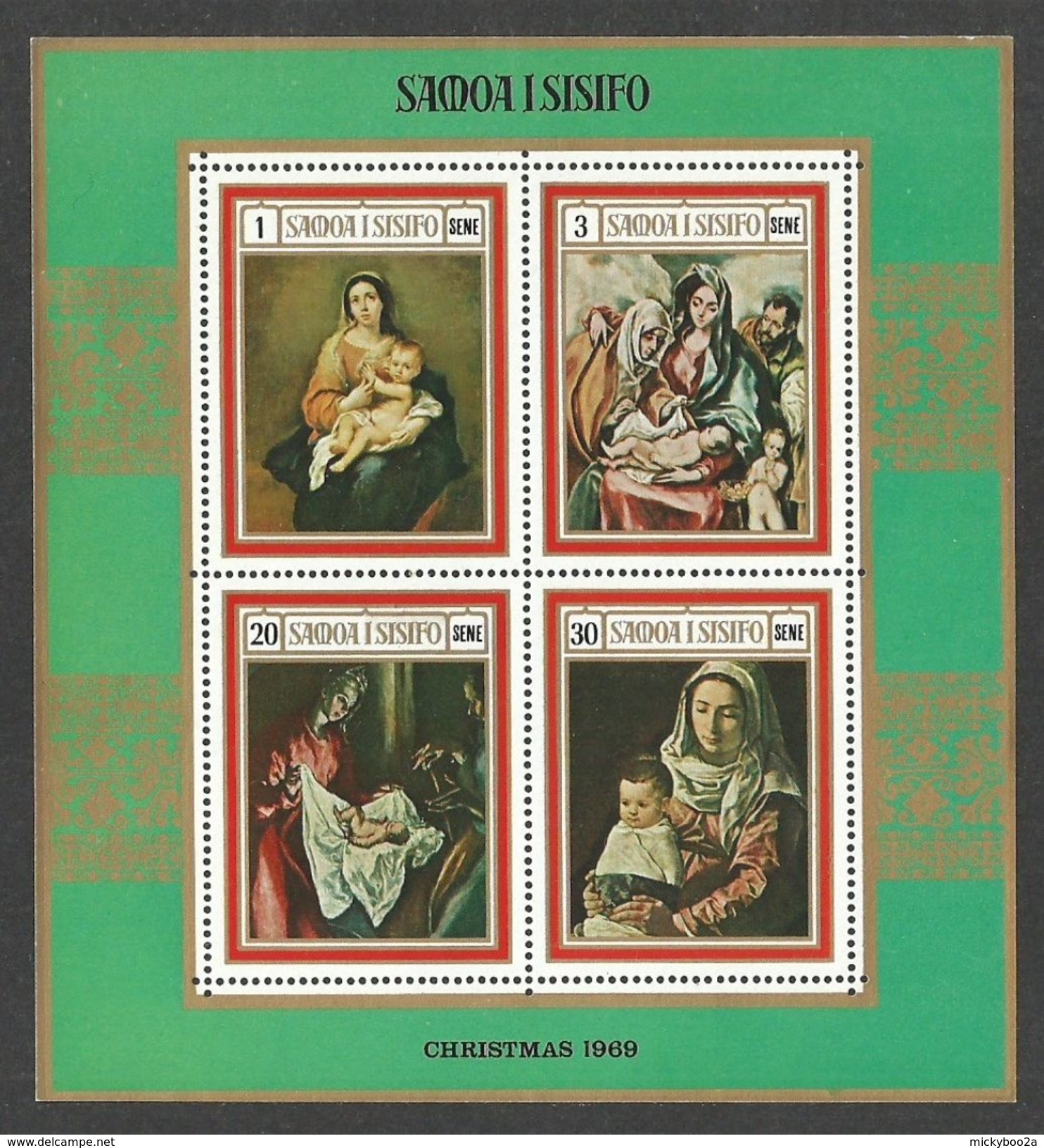 SAMOA 1969 CHRISTMAS XMAS ART PAINTINGS MADONNA EL GRECO VELAZQUEZ M/SHEET MNH - Samoa