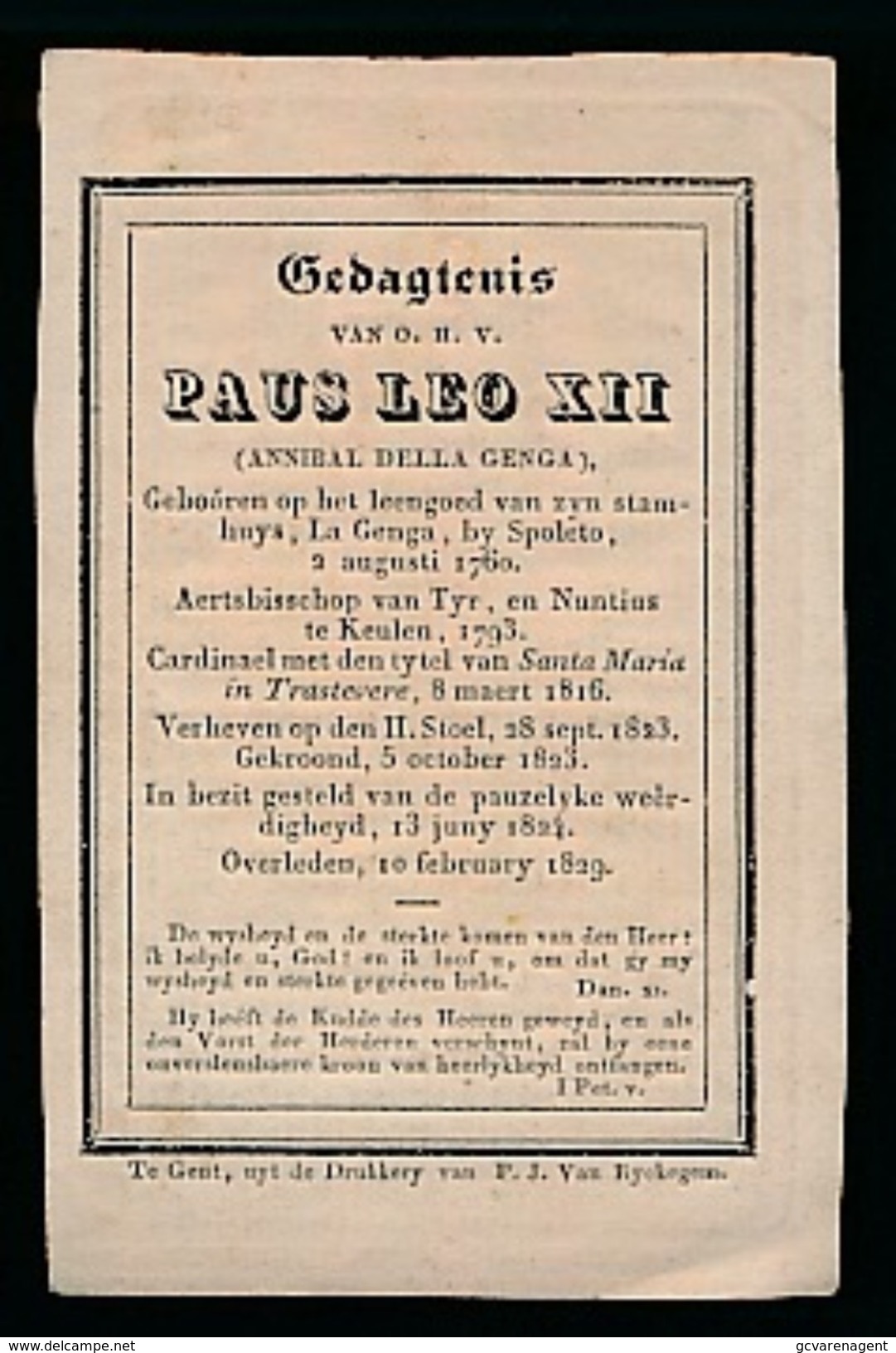 DOODSPRENTJE - PAUS LEO XII - STAMHUYS , LA GENGA , BY SPOLETO 1760 - OVERLEDEN 10 FEBRUARY 1829 - 2 AFBEELDINGEN - Obituary Notices