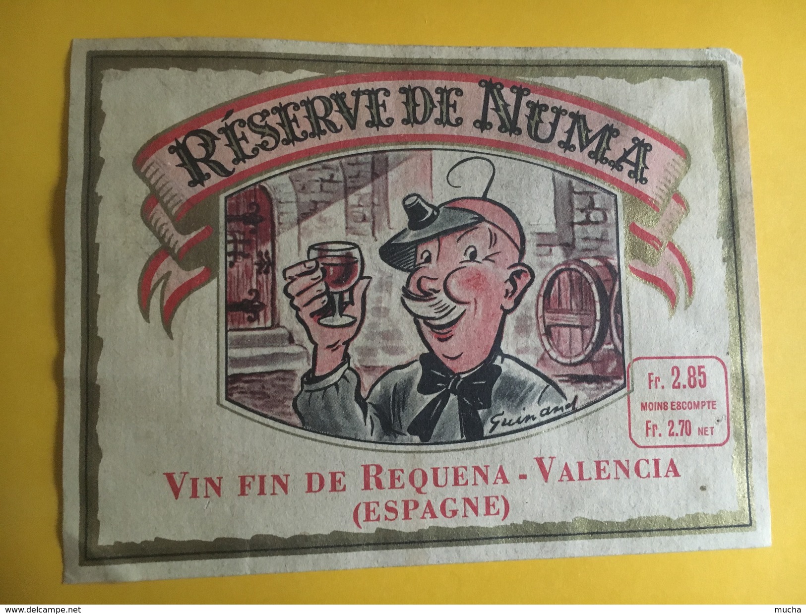 5975 - Rare  Réserve De Numa (hologer Avec Visière Loupe Frontale) Vin Fin De Requena Valencia Espagne Dessin Guinand) - Autres & Non Classés