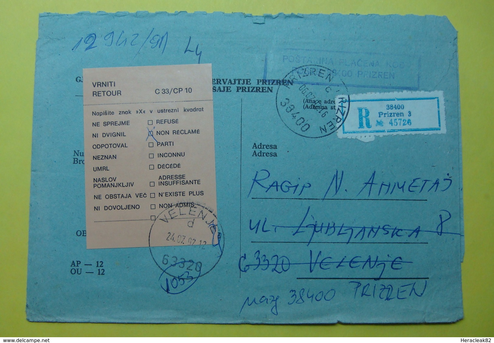 1992 JUDICAL RECOMMANDE COVER *PRIZREN To VELENJE* EX YUGOSLAVIA. "NON RECLAME" RARE - Eslovenia