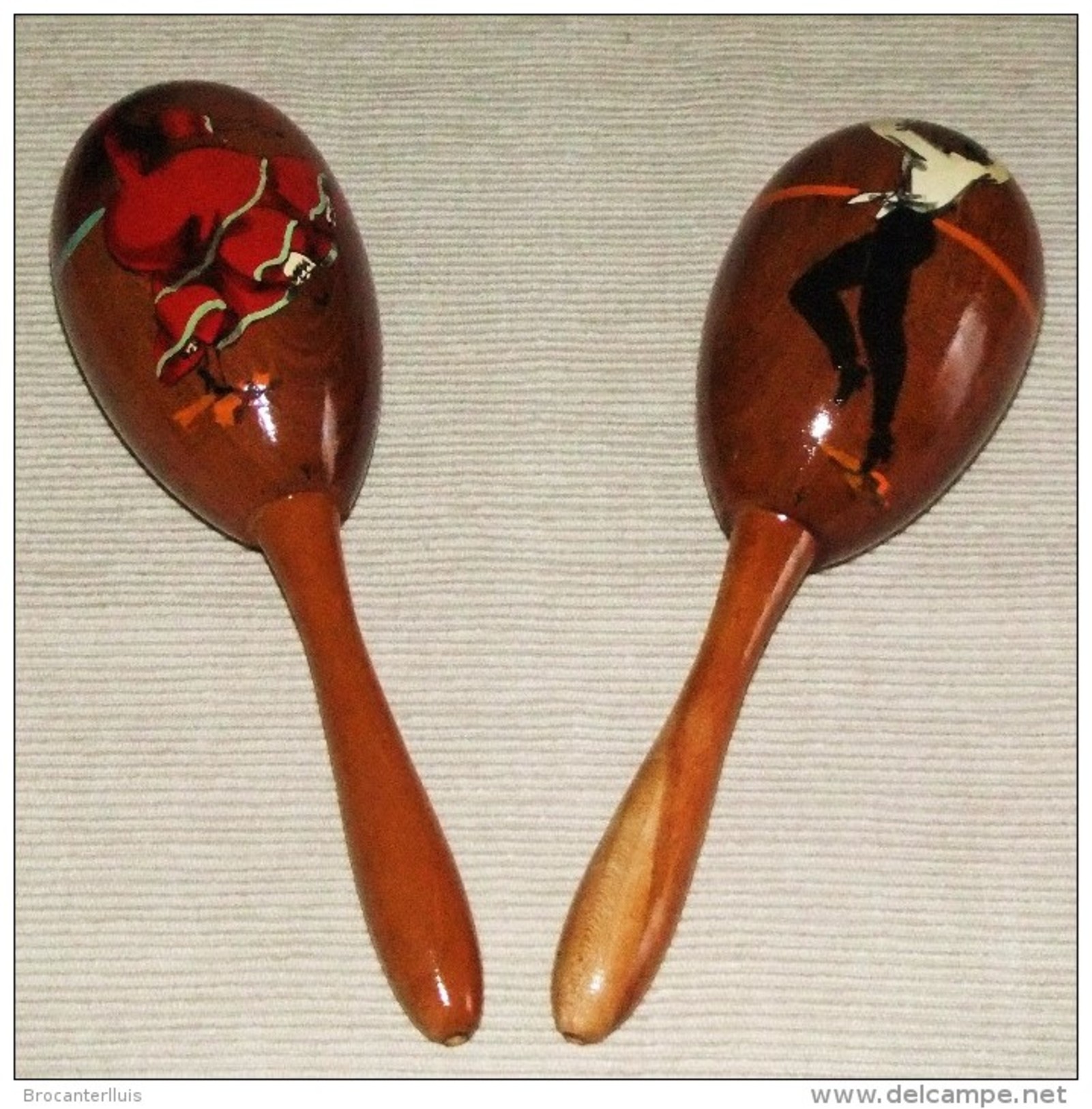 JUEGO DE MARACAS DE MADERA CON FIGURAS DE BAILAOR Y SEVILLANA PINTADOS - Instrumentos De Música