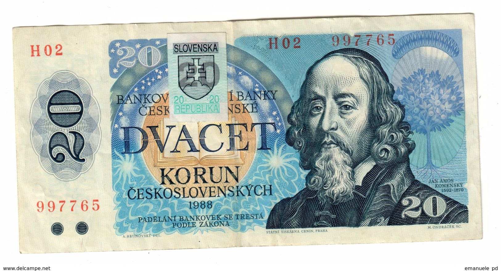 Slovakia 1993 Provisional Issue 20 Korun  .J. - Slovakia