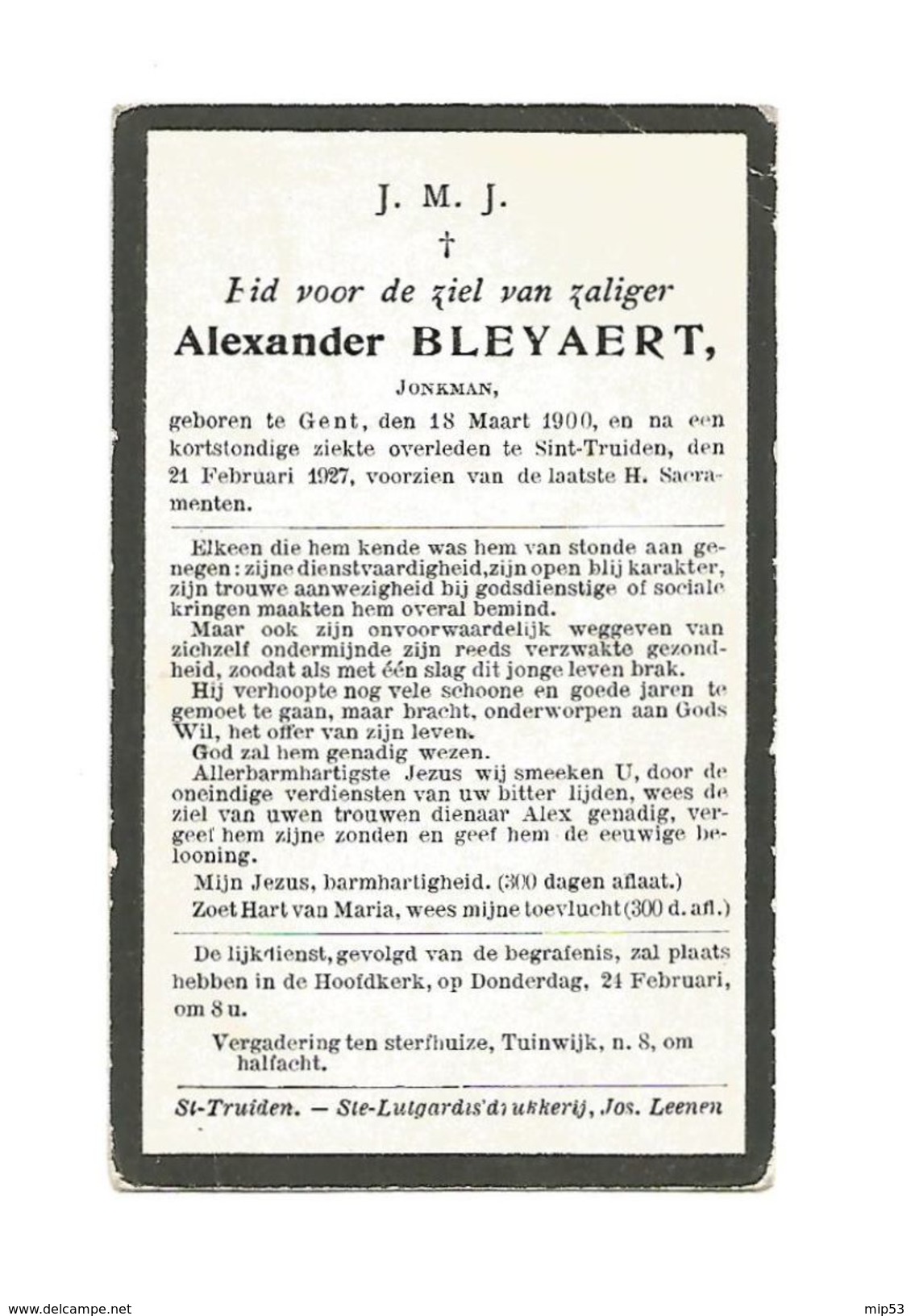 677. Alexander BLEYAERT - Jonkman - °GENT 1900  /  +/ST-TRUIDEN 1927 - Images Religieuses