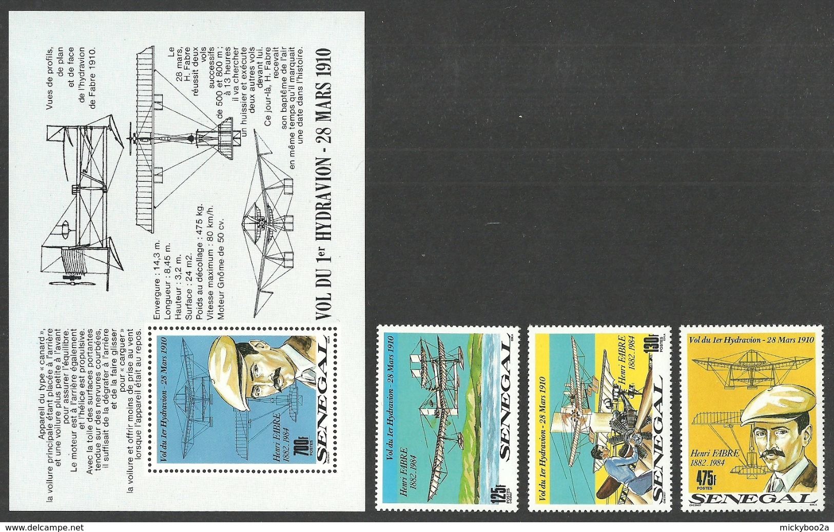 SENEGAL 1989 AIRCRAFT SEAPLANE ANNIVERSARY OF FABRE'S FIRST FLIGHT SET & M/SHEET MNH - Senegal (1960-...)