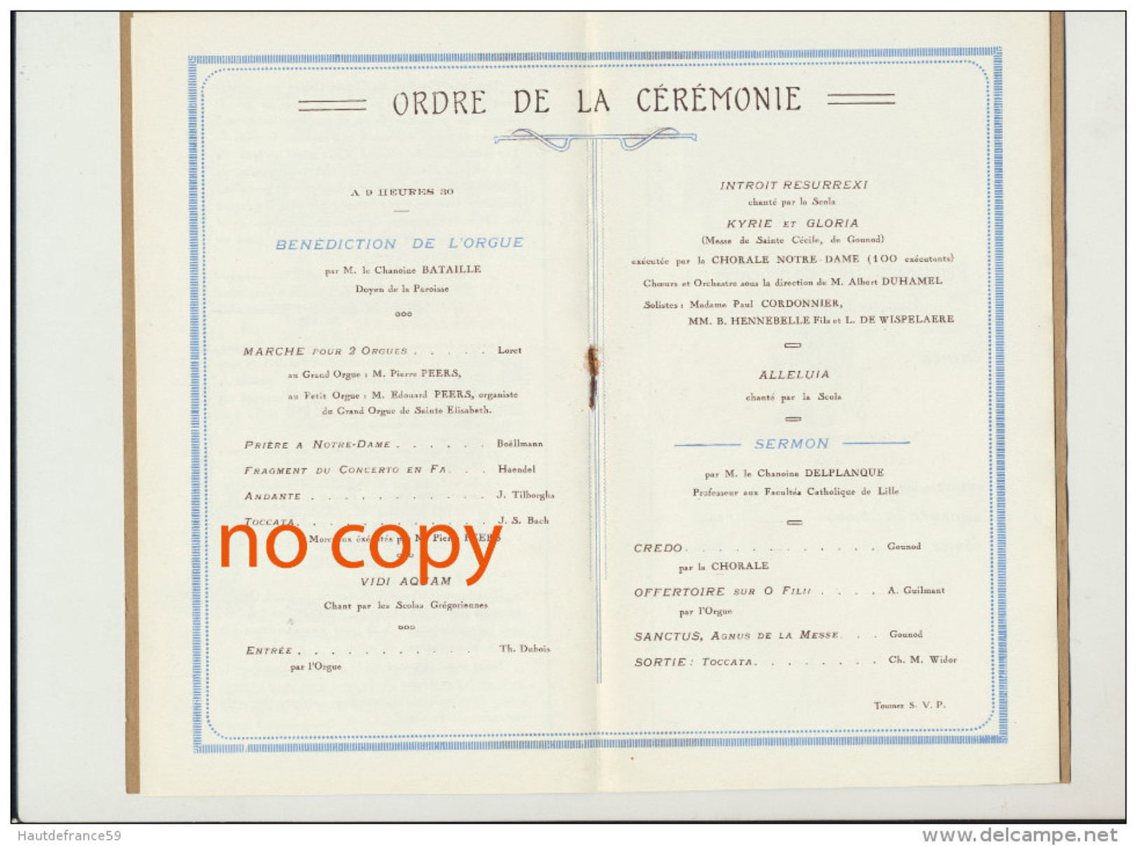 Programme Avril 1927 Bénédiction Inauguration Du GRAND ORGUE église Notre Dame ROUBAIX Organiste Pierre & Edouard PEERS - Programmes