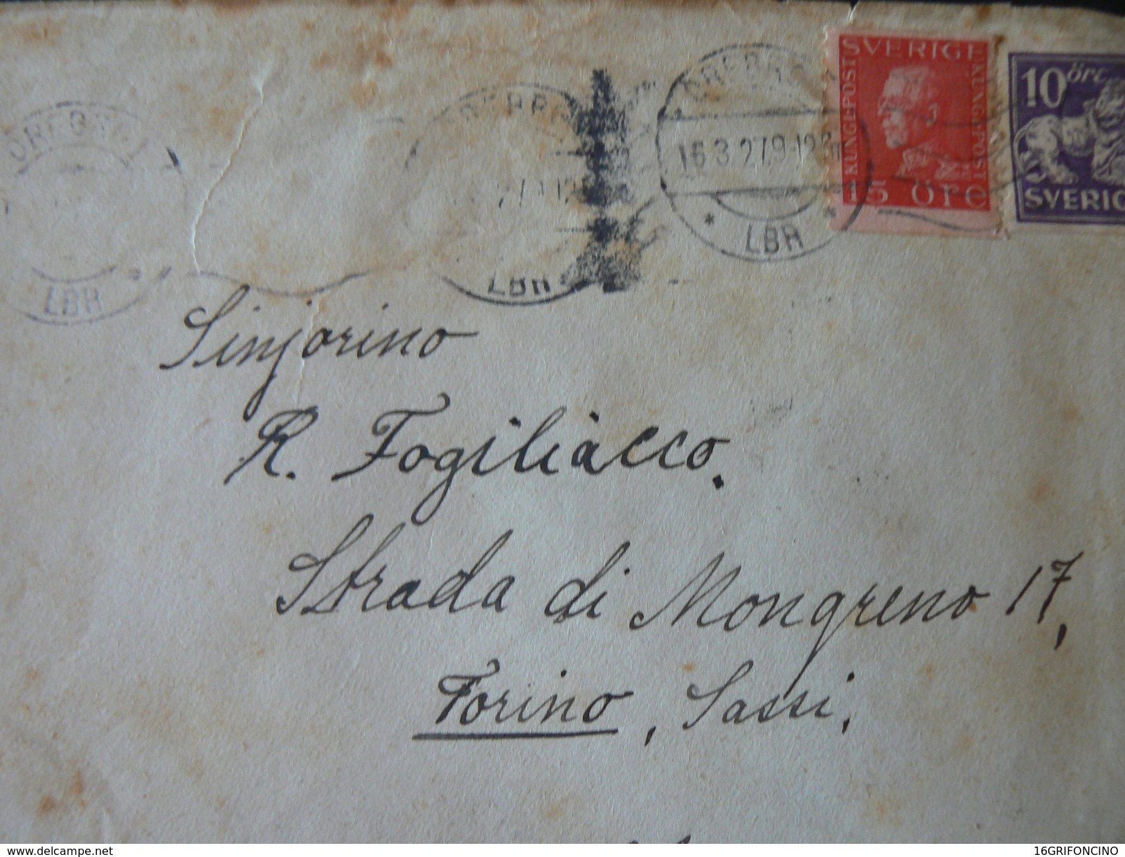 1927.........LETTER FROM SVERIGE TO ITALY...........///.........LETTERA DALLA SVEZIA PER L'ITALIA - 1920-1936 Coil Stamps I