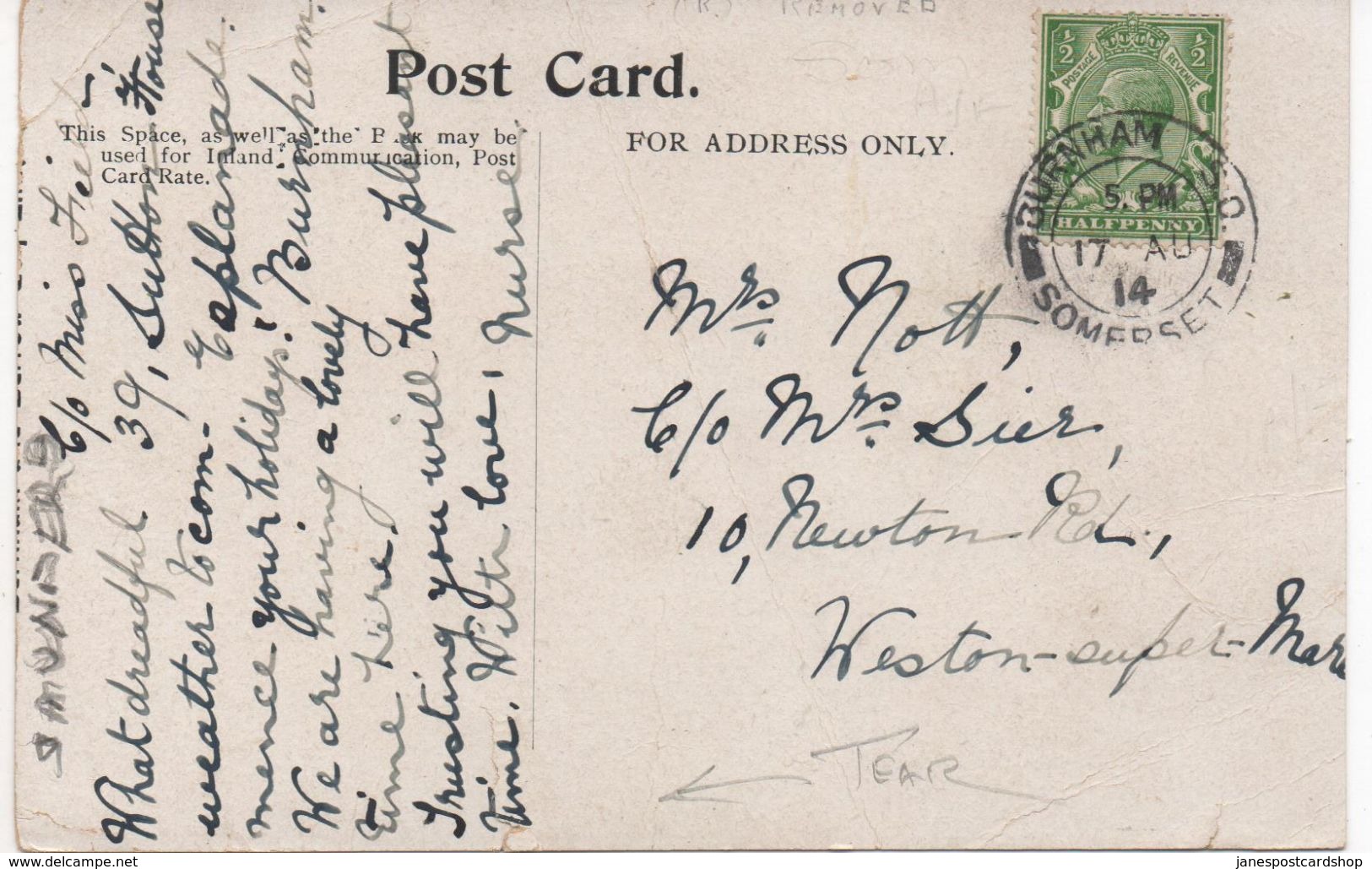 BURNHAM-ON-SEA - STROLL ON THE CLIFFS - POSTALLY USED 1914 With BURNHAM  _ S.O. RAILWAY POSTMARK - Other & Unclassified